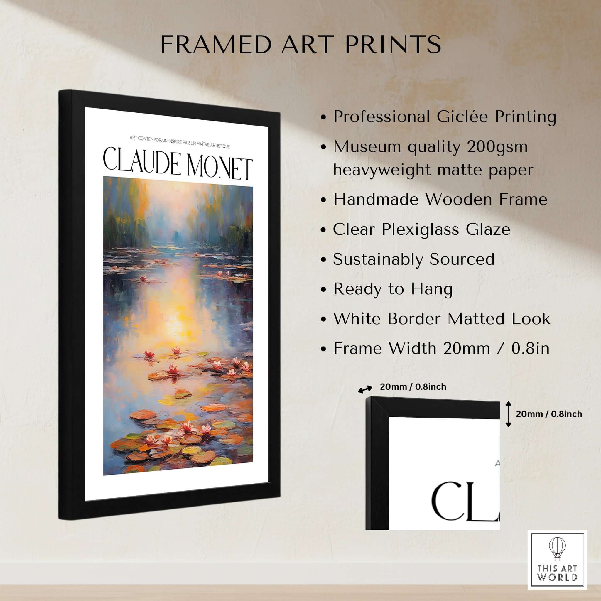 Claude Monet Wall Art Print - Vintage Home Decor Poster Impressionist Artwork framed print with water lilies and reflections.