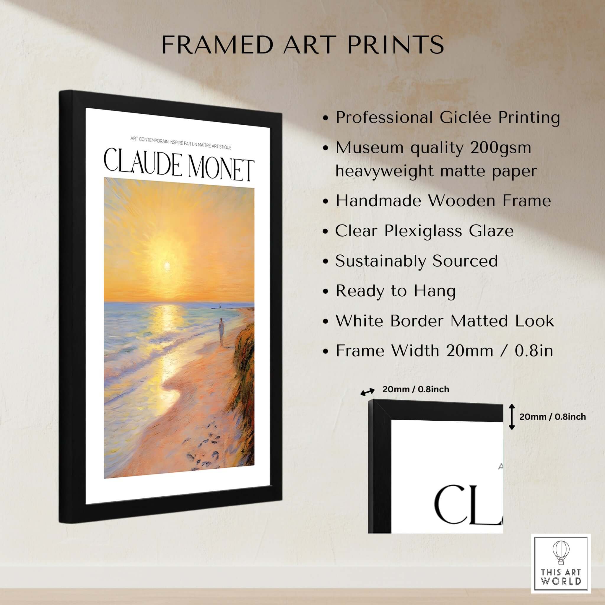 Monet Beach Artwork - Impressionist Room Decor - Coastal Sunset Stroll Beach Wall Art framed print details.