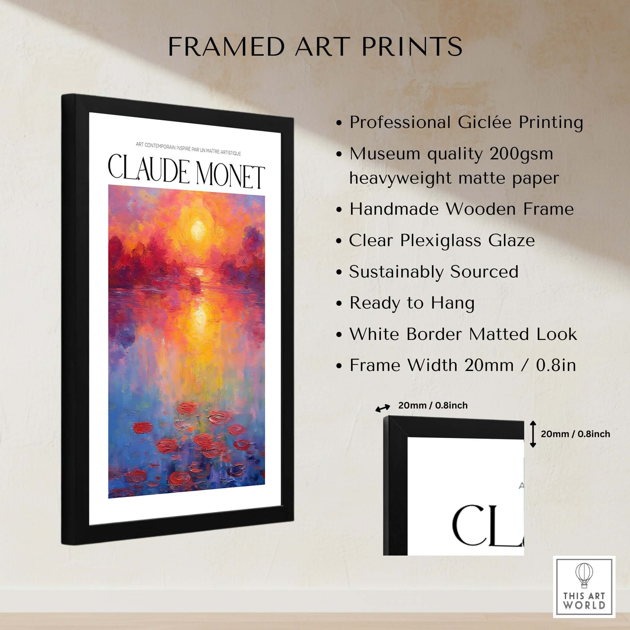 Claude Monet Vibrant Sunset Water Lilies Wall Art - Lake Reflection Print in a framed presentation.