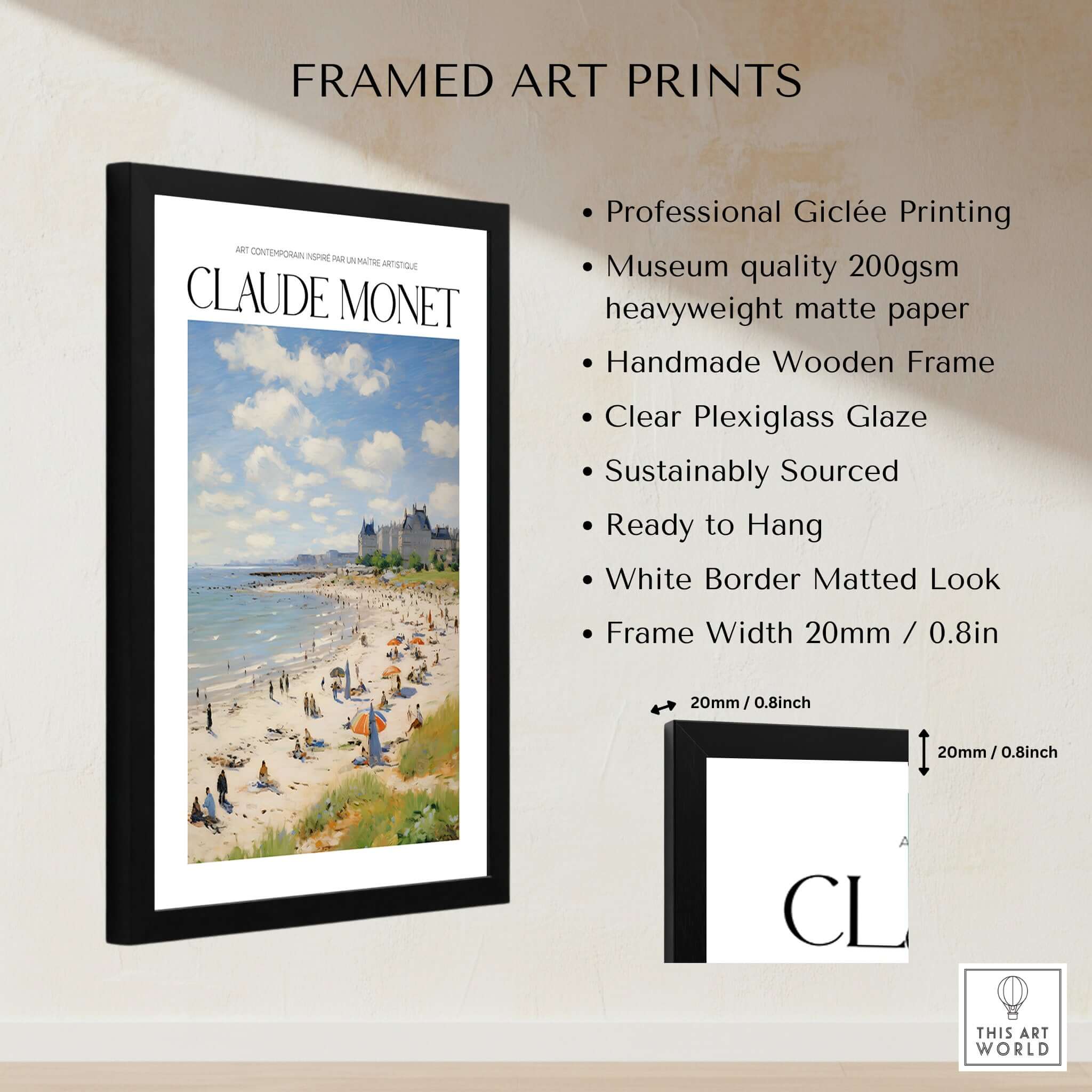 Claude Monet Sunny Beach Day Wall Art - Coastal Resort Scene Print in a framed display with detailed features.