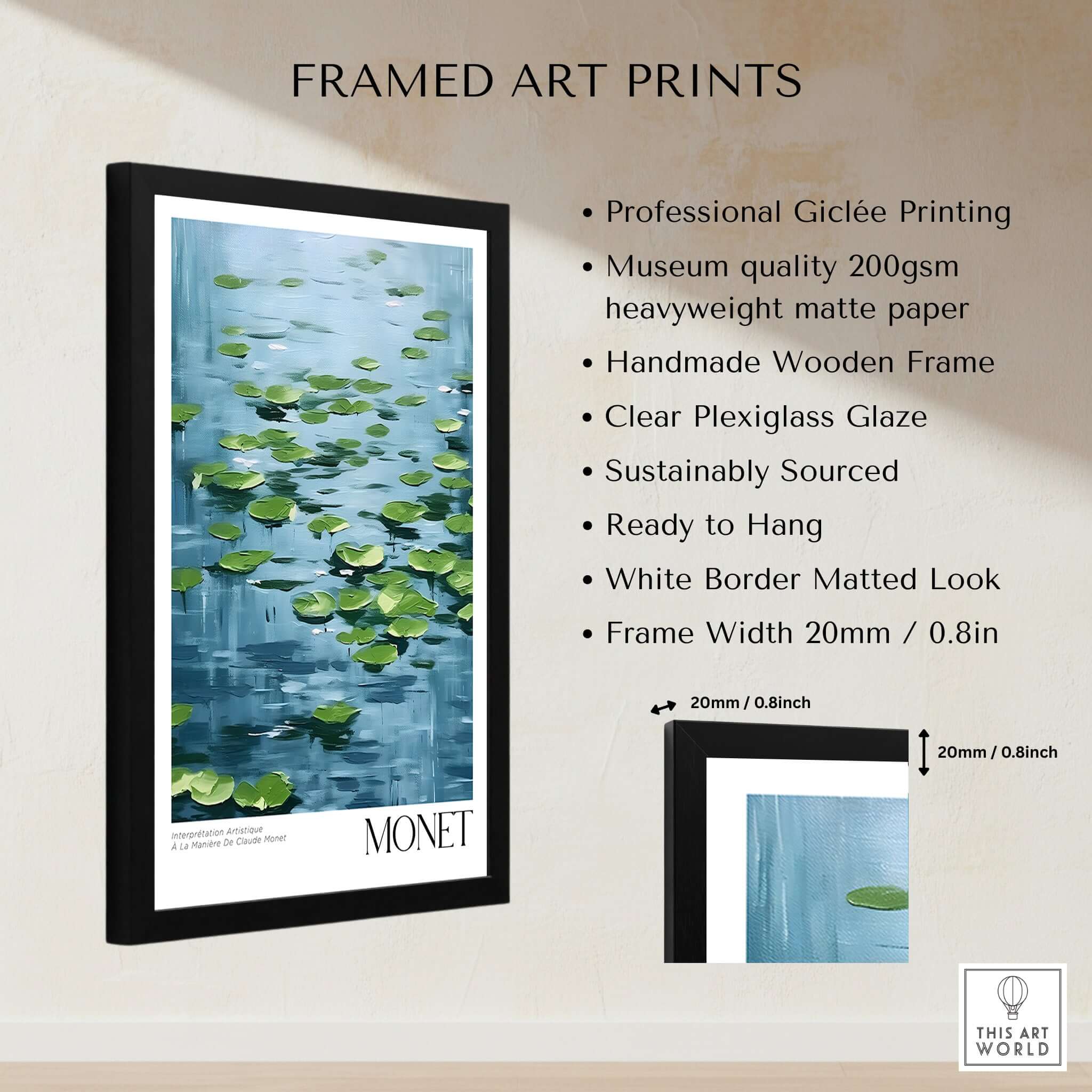 Claude Monet Print - Calm Lily Pads on Blue Water Wall Art framed display with sustainable materials and museum-quality print.