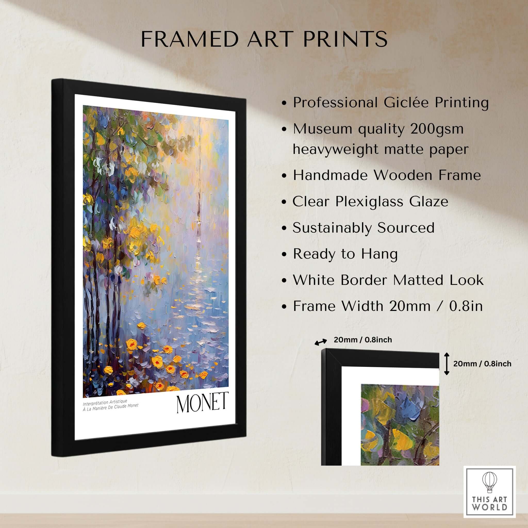 Claude Monet Art Print - Impressionist Wall Art Poster - Monet Framed Print displayed in a handmade wooden frame.