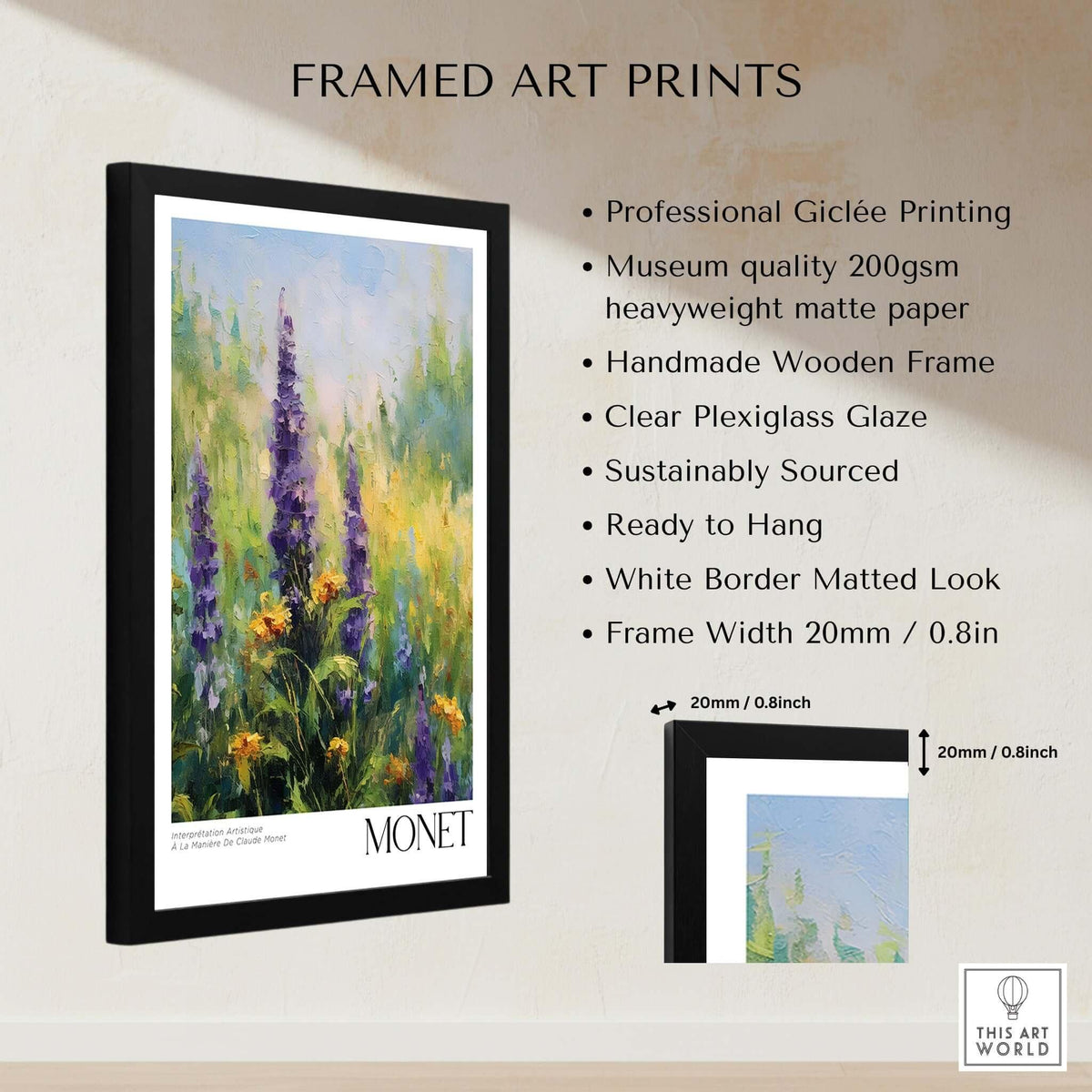 Claude Monet Art Print - Wildflower Meadow Purple Floral Print displayed in a black wooden frame with informational text.