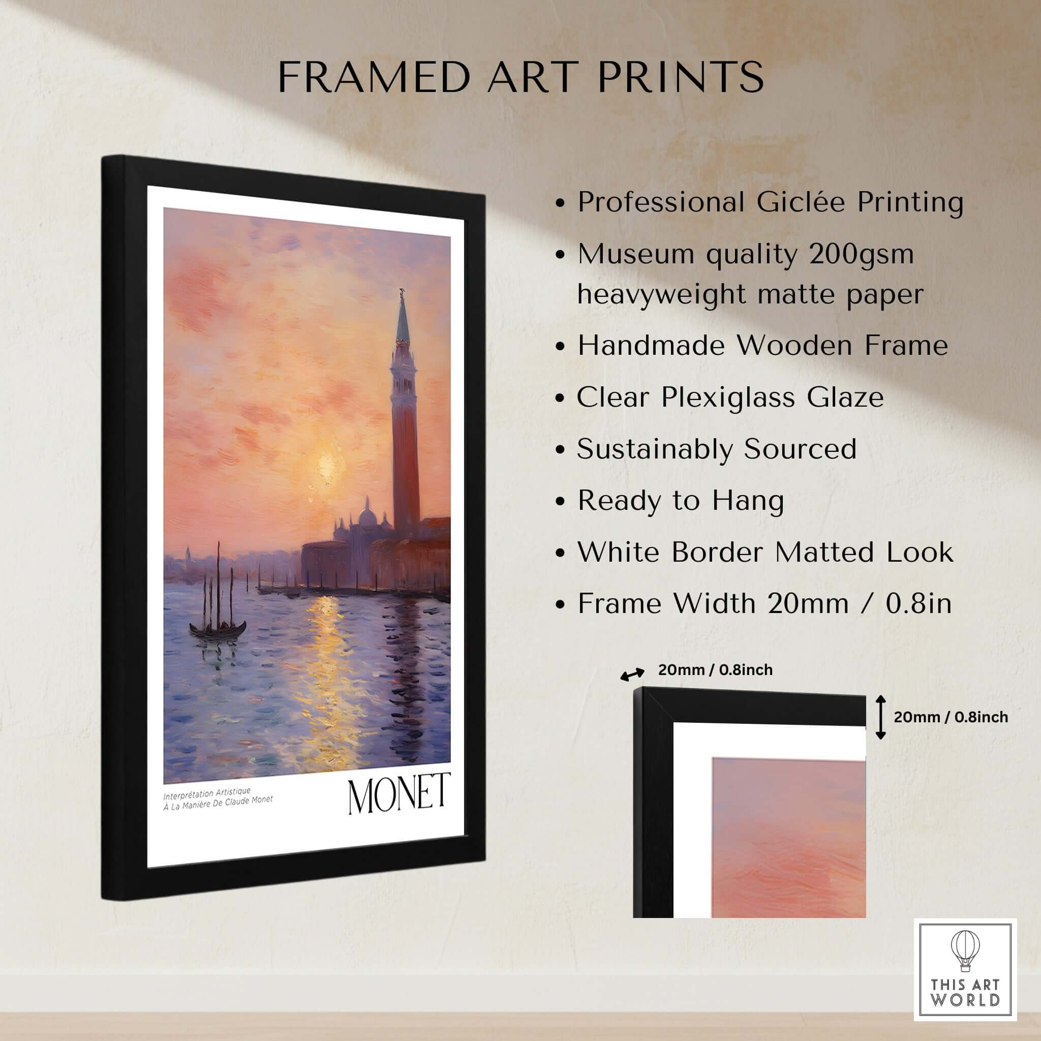 Monet Venice wall art framed print showcasing sunset reflection over a tranquil canal in Venice.