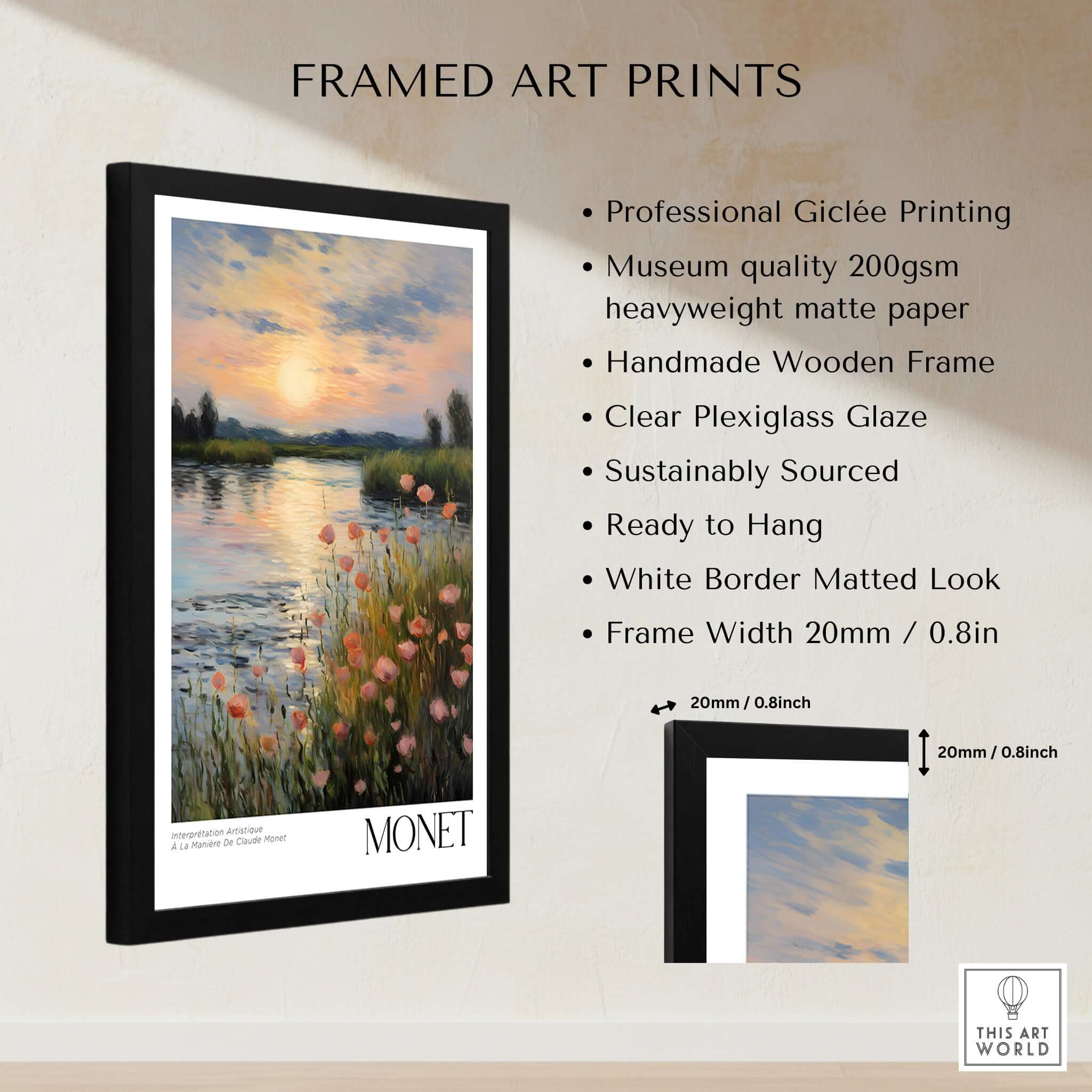 Claude Monet Wall Art Print - Sunset River Poppies framed art print featuring vibrant poppies and a serene river sunset.