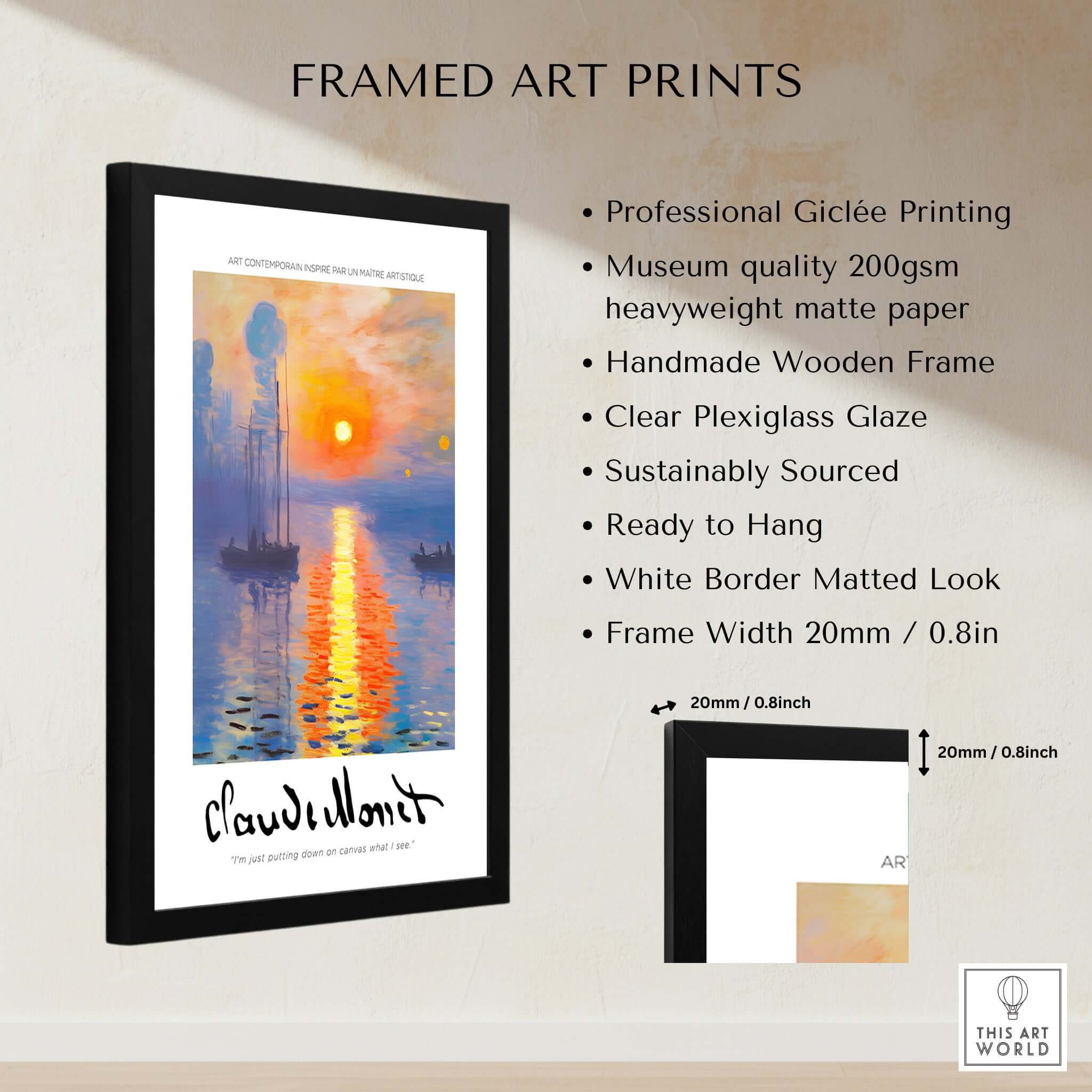 Claude Monet Art Print - Impressionist Sunrise Harbor Wall Art framed with clear plexiglass and professional Giclée printing.