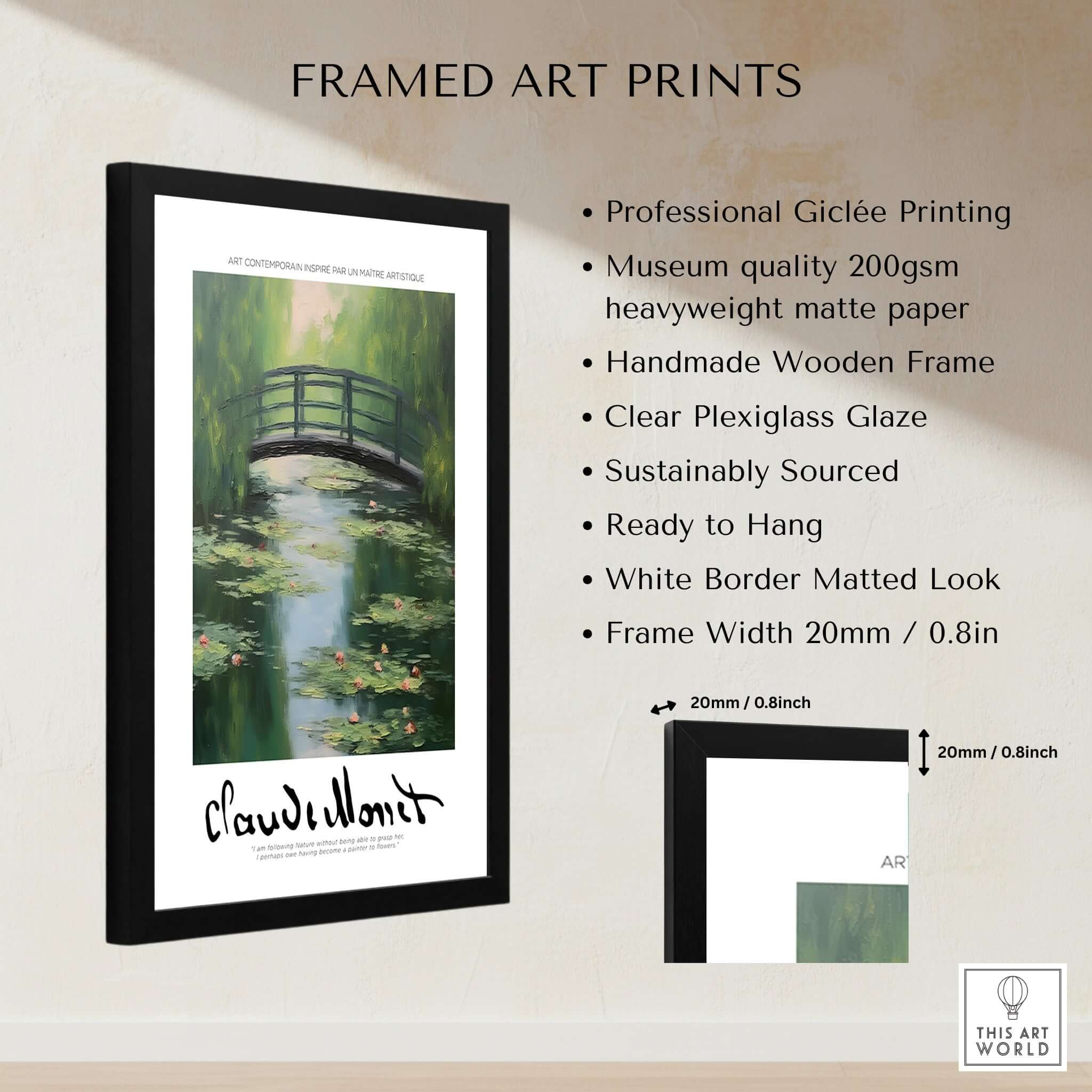 Claude Monet Art Print - Japanese Bridge Monet Water Lilies Print - Garden Pond Wall Art framed in a black wooden frame.