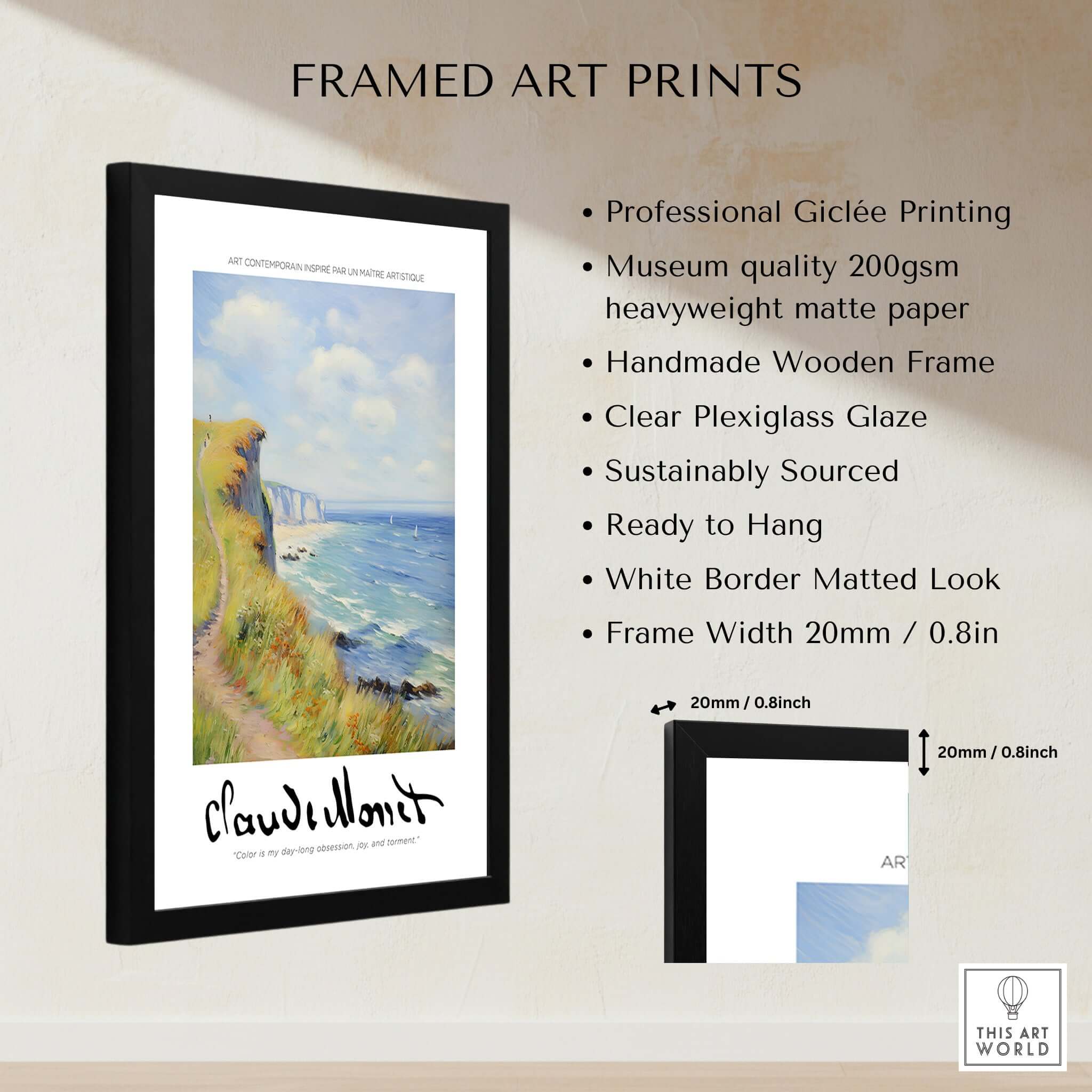 Claude Monet Art Print - Coastal Cliff Path Seascape Wall Art framed with wooden frame and clear plexiglass