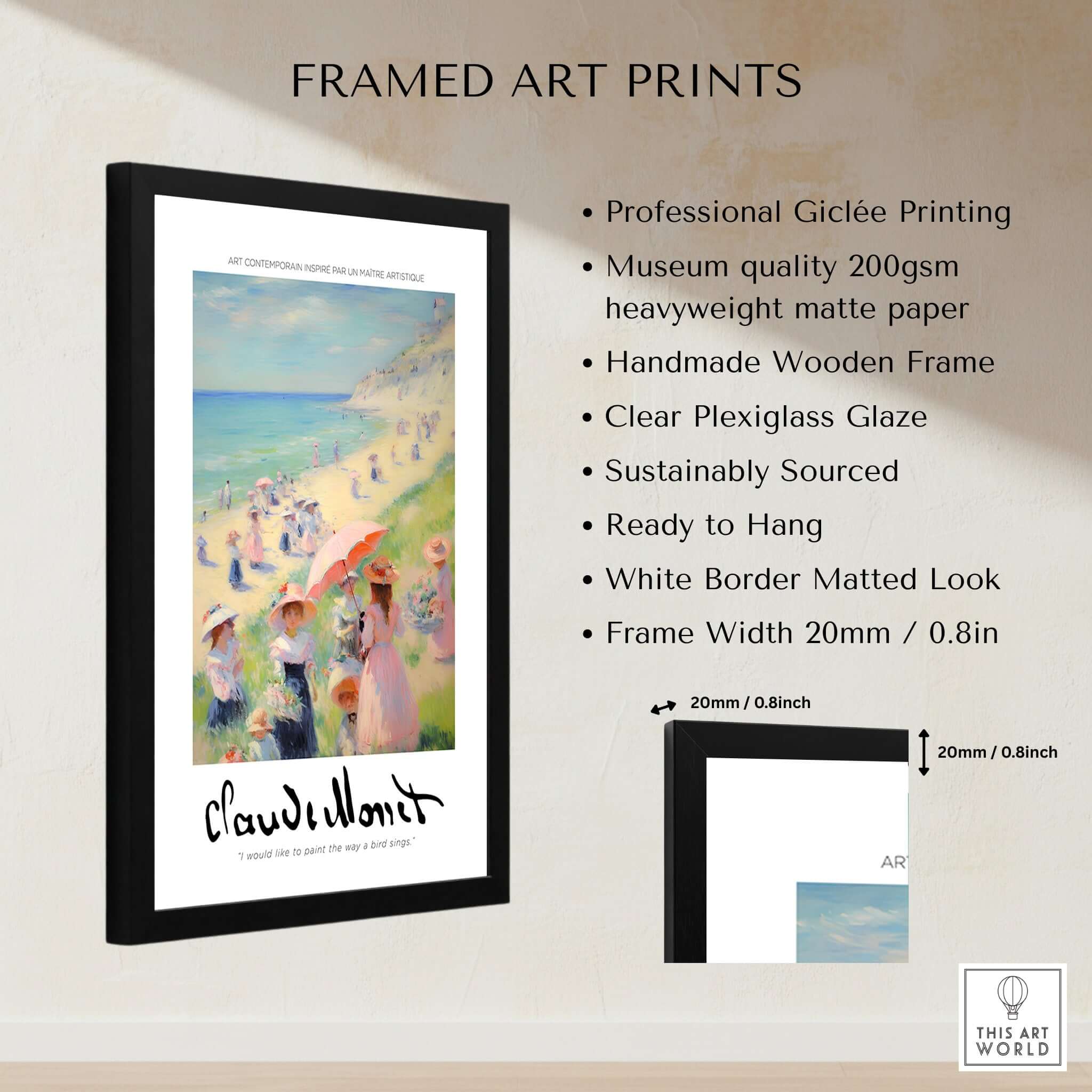 Claude Monet Art Print - Elegant Seaside Beach Wall Art framed with a professional Giclée print and handmade wooden frame.