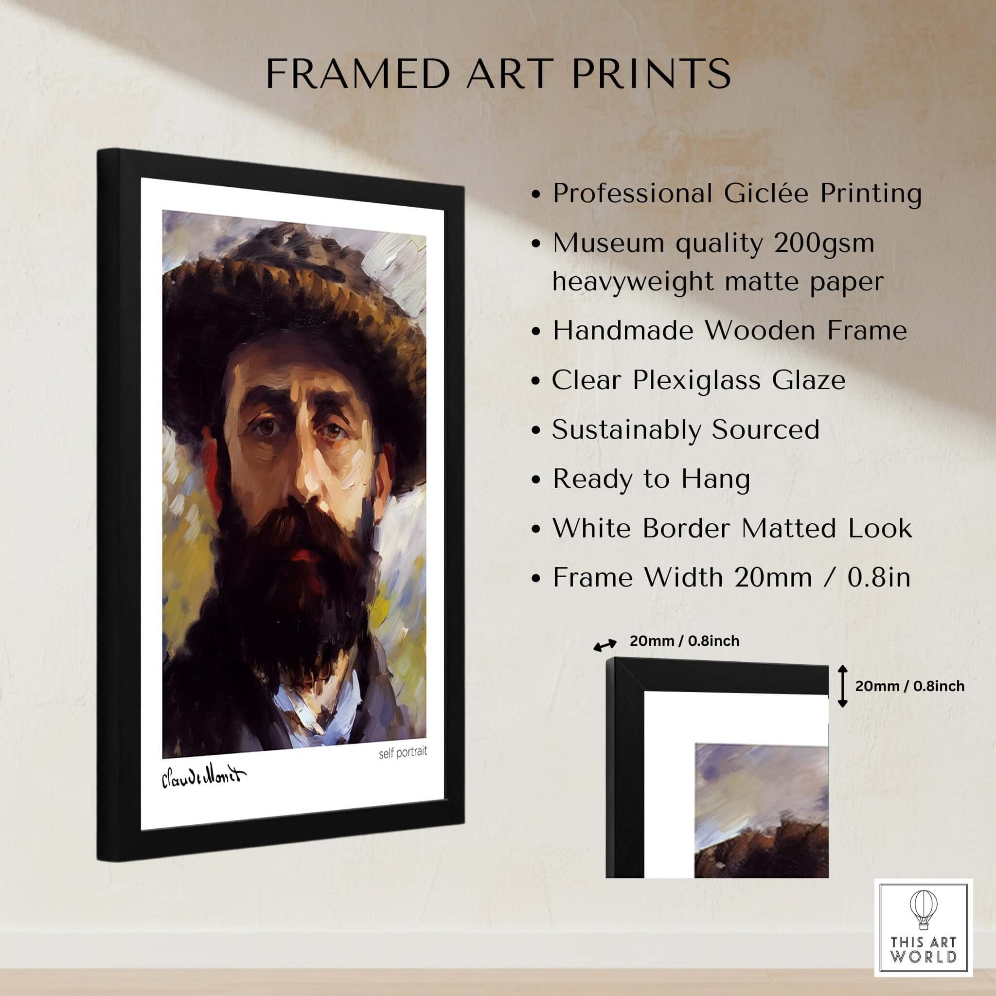 Claude Monet Self Portrait Wall Art - Impressionist Poster Print framed art print with Giclée printing and wooden frame.