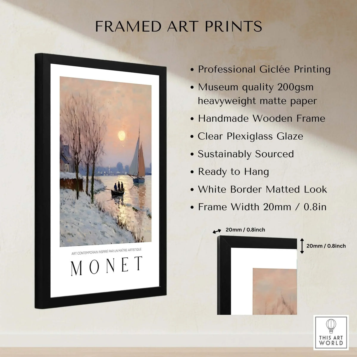 Claude Monet Poster - Winter River Sunset Wall Art - Snow Scene Print framed art print with professional giclée printing.