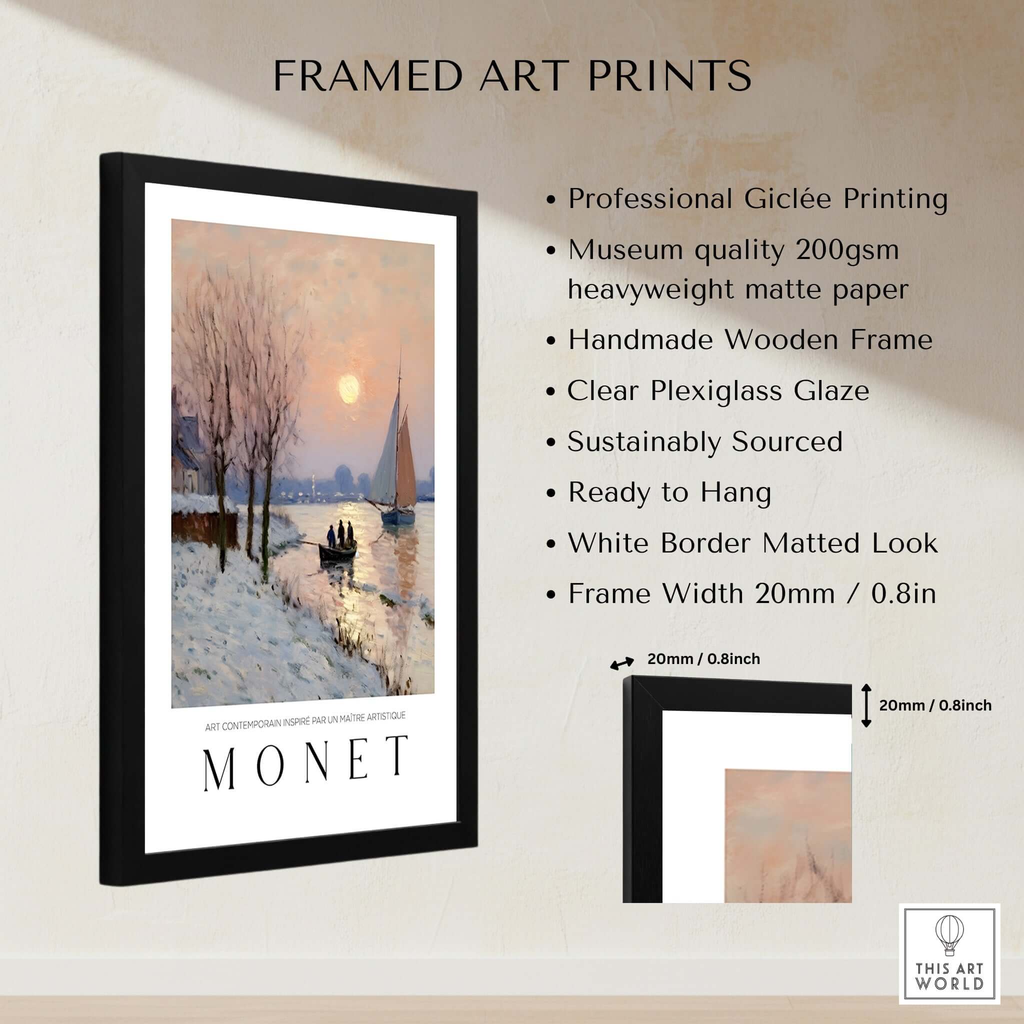 Claude Monet Poster - Winter River Sunset Wall Art - Snow Scene Print framed art print with professional giclée printing.
