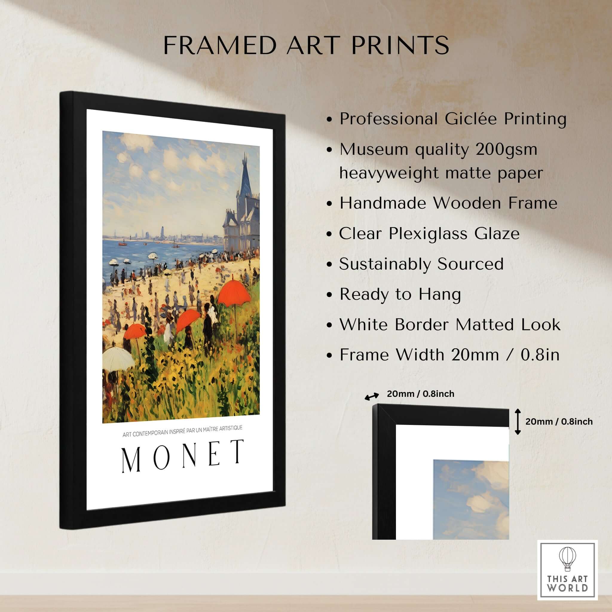 Claude Monet Art Print - Sunny Beach Resort with Flowers Poster featuring a framed art print with vibrant beach scene.
