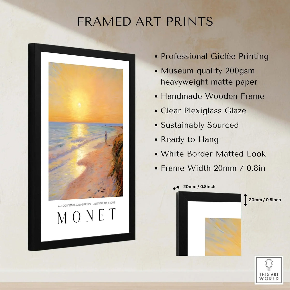 Claude Monet Art Print - Golden Hour Beach Stroll Wall Art in a framed display with detailed features listed.