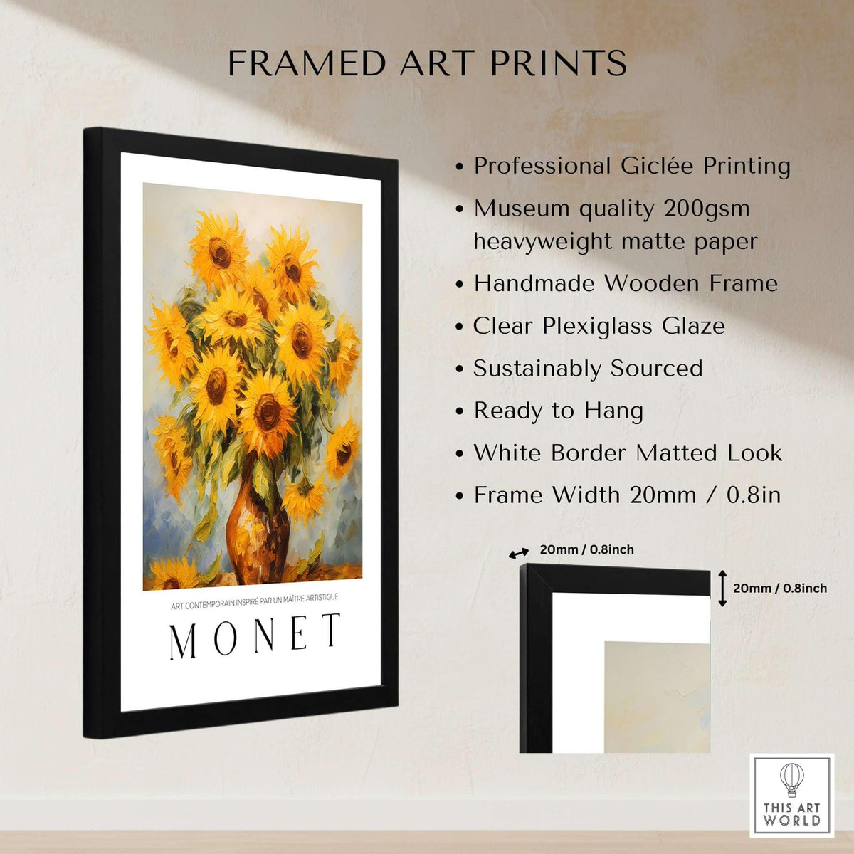 Claude Monet Art Print - Radiant Sunflowers in Vase Wall Art framed with a clear plexiglass glaze, showcasing vibrant sunflowers.