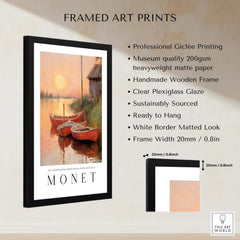 Claude Monet Art Print - Red Boats at Sunset Riverbank Wall Art framed with professional Giclée printing and clear plexiglass.