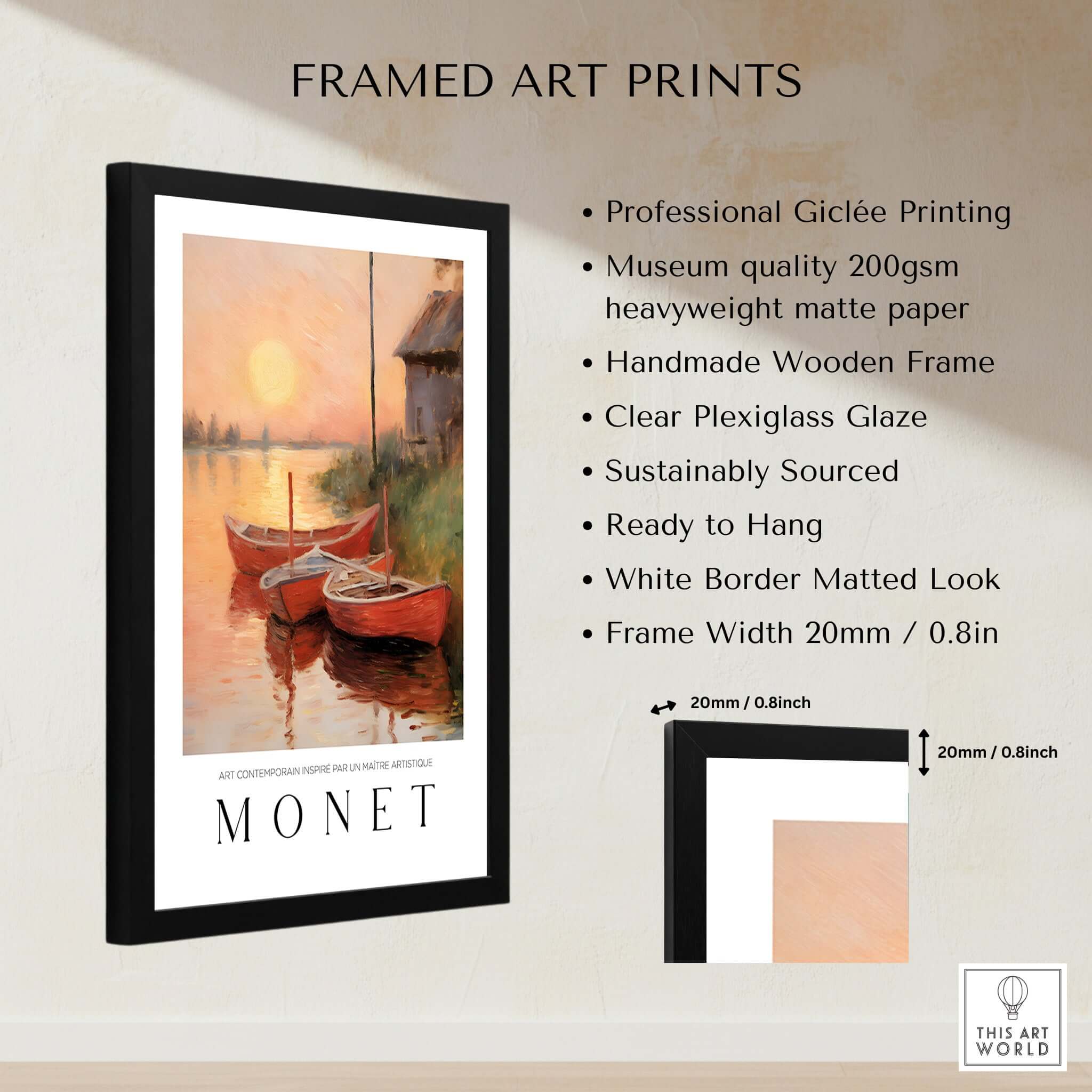Claude Monet Art Print - Red Boats at Sunset Riverbank Wall Art framed with professional Giclée printing and clear plexiglass.
