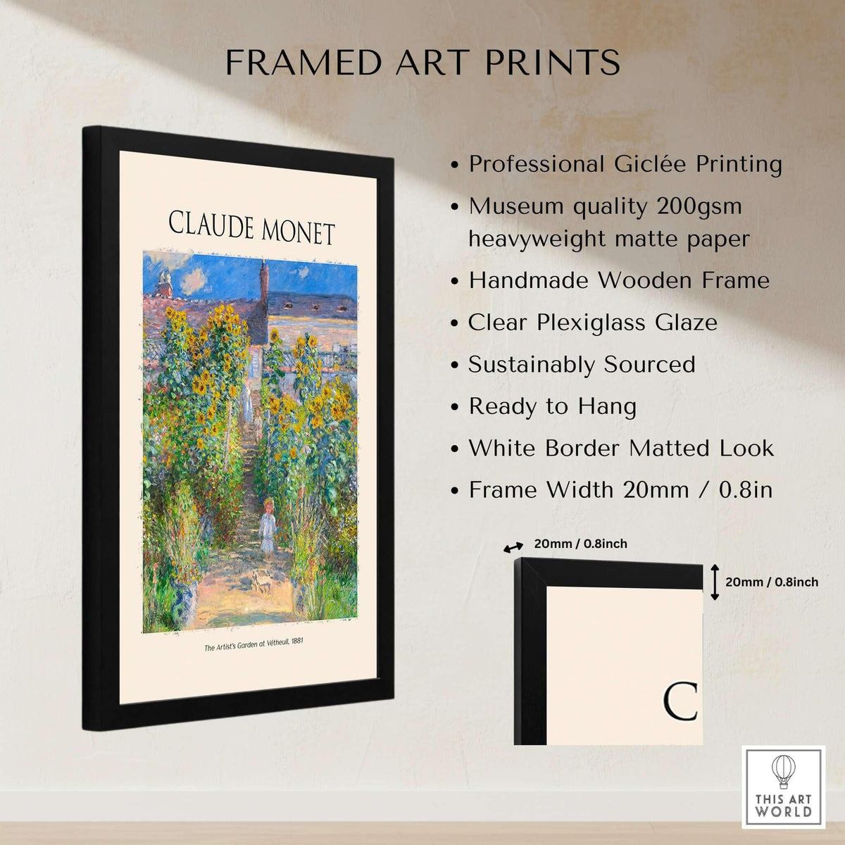 Monet Artists Garden at Vétheuil Sunflowers Impressionist Art Print Poster framed with professional giclée printing.