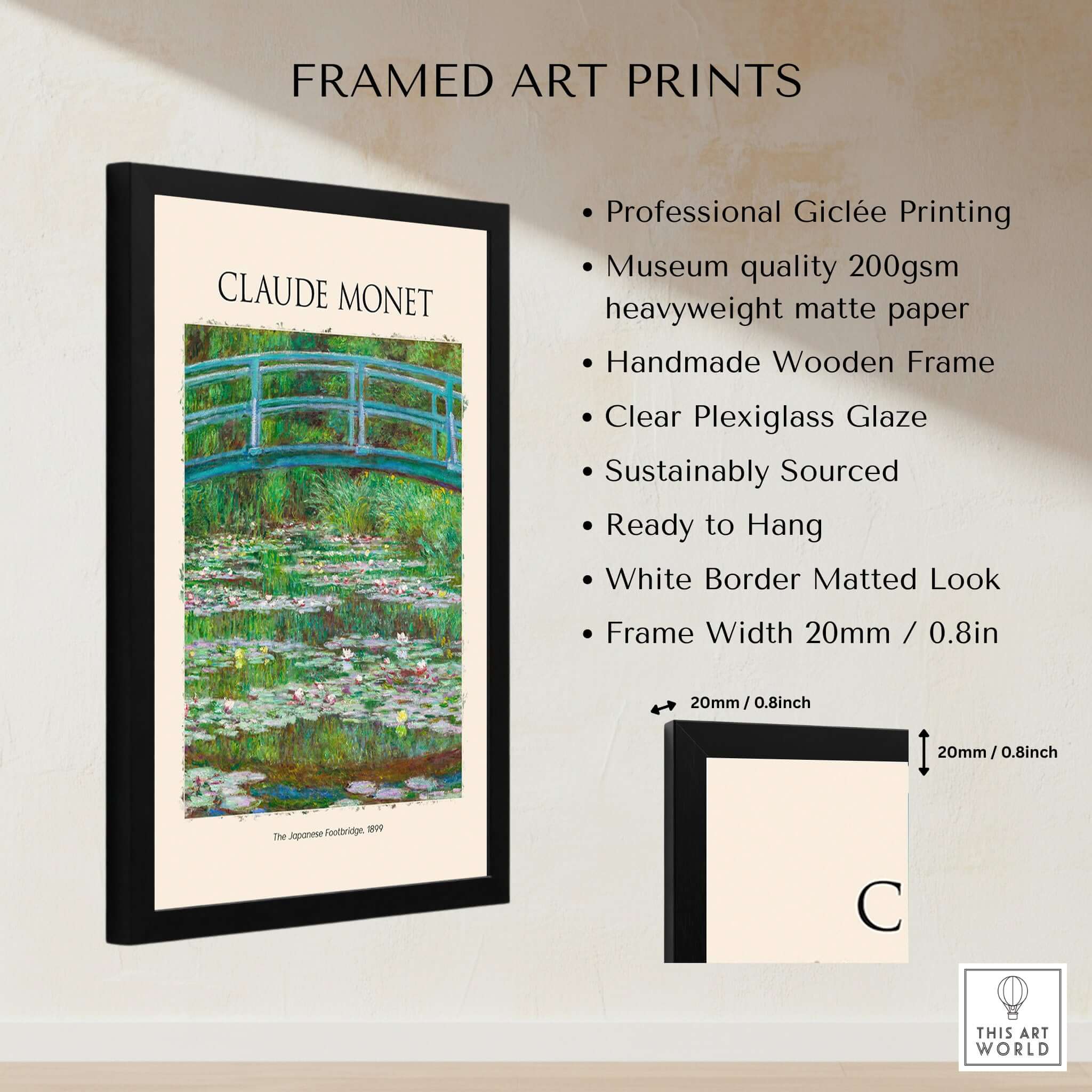 Monet Japanese Footbridge Water Lilies Giverny Garden Poster Art Print in a handmade wooden frame with museum quality printing.
