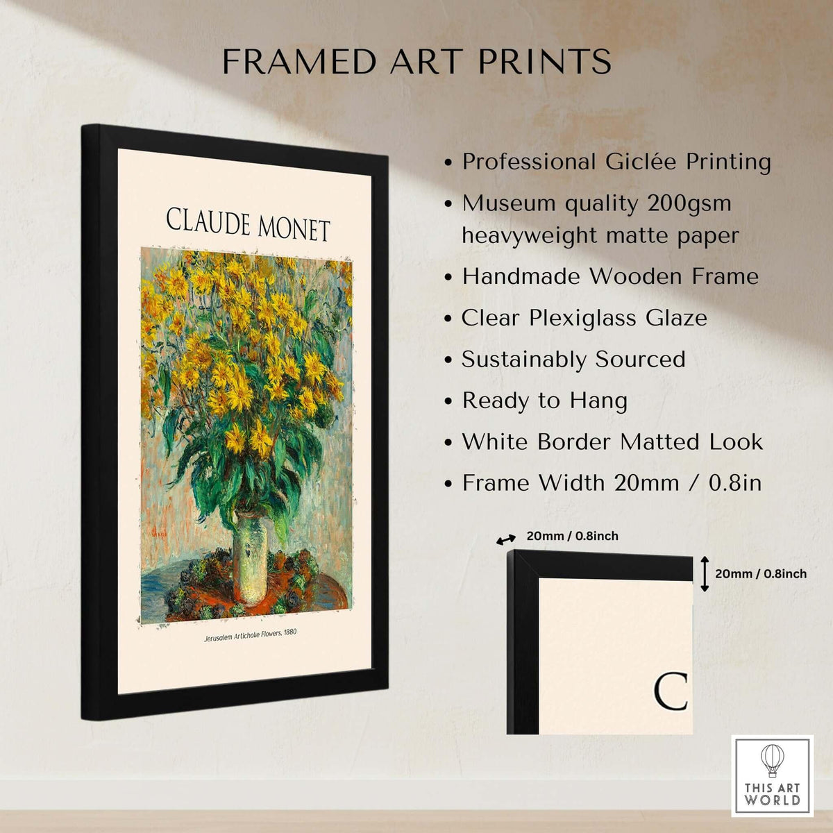 Monet Jerusalem Artichoke Flowers Still Life Floral Art Print Poster in a sleek black frame with museum quality printing.