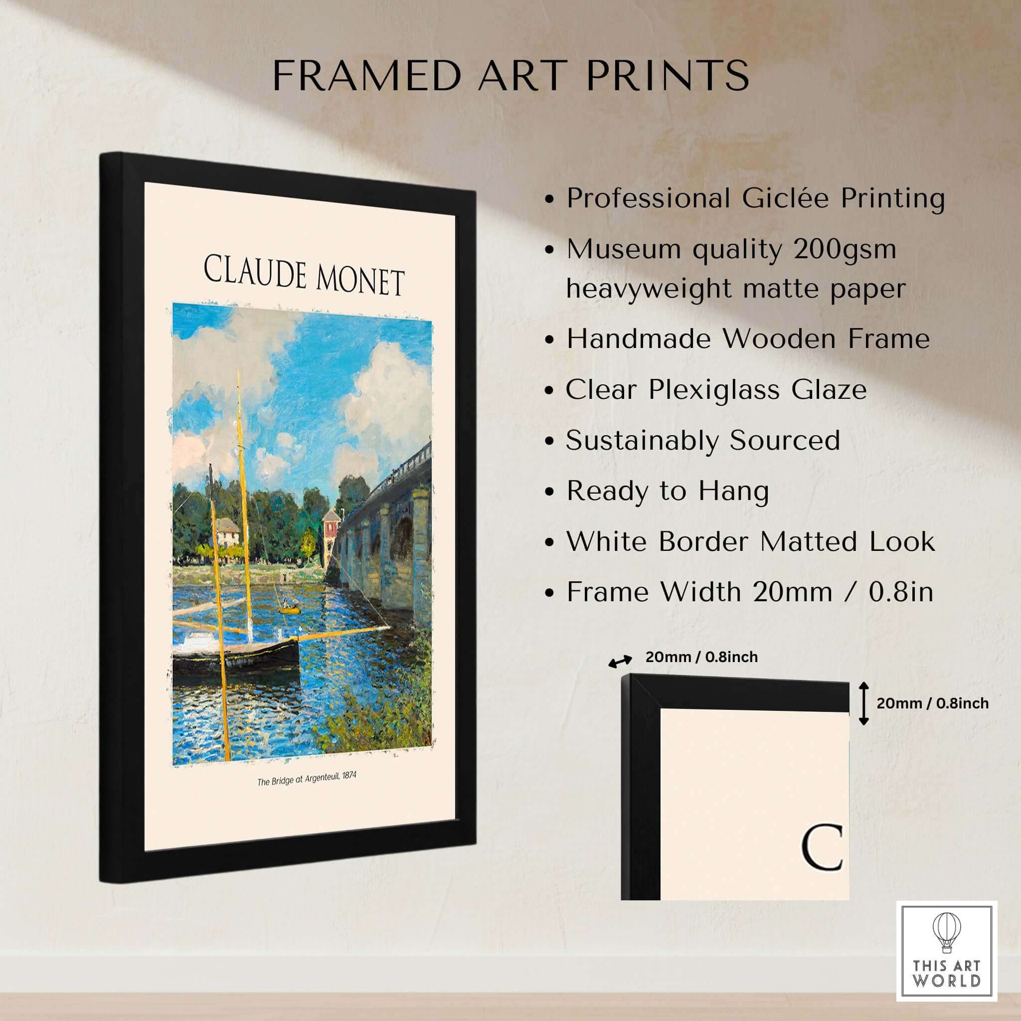 Monet The Bridge at Argenteuil Seine River Landscape Art Print Poster framed with professional giclée printing details.