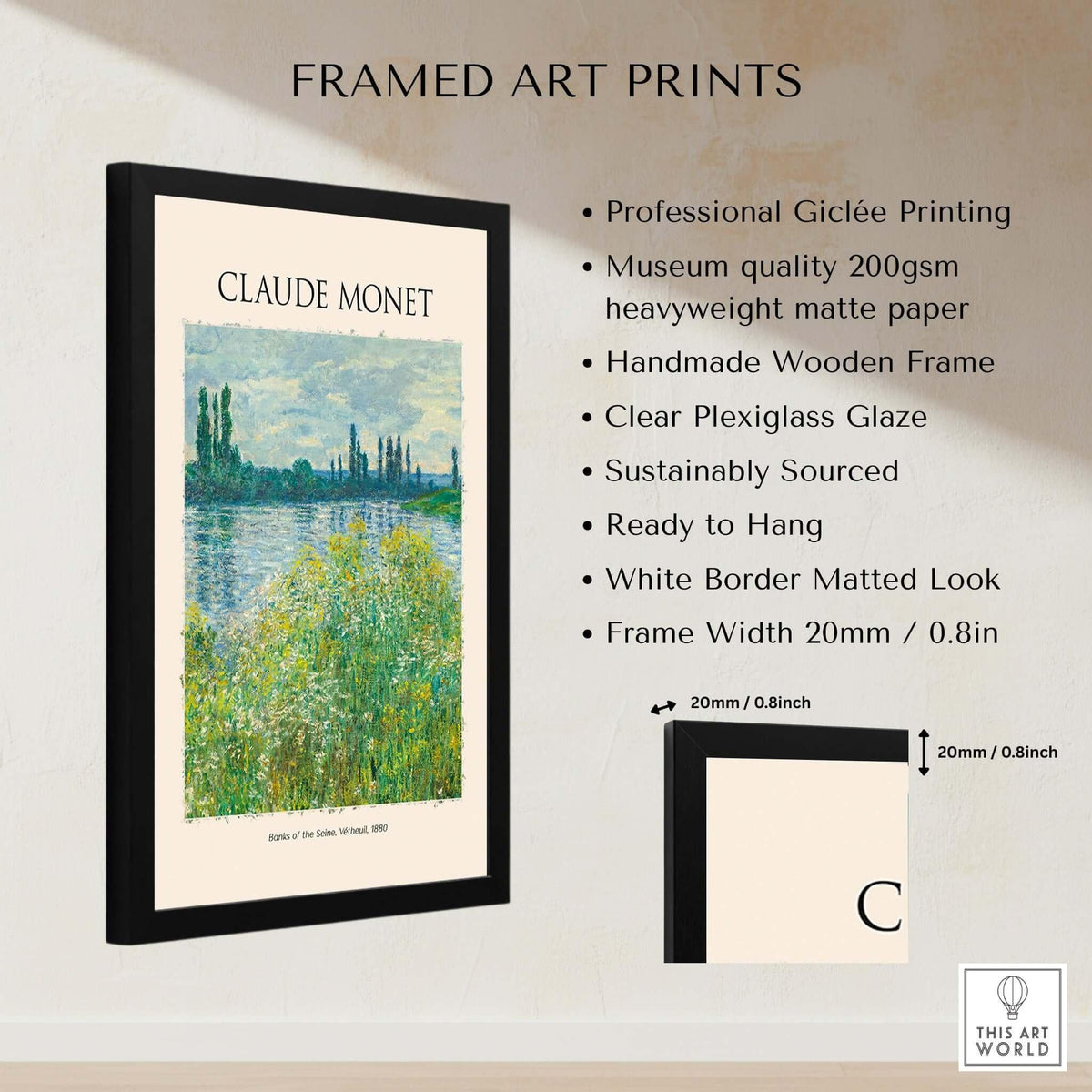 Monet Banks of the Seine Vétheuil River Landscape Art Print Poster displayed in a black wooden frame with museum quality printing.