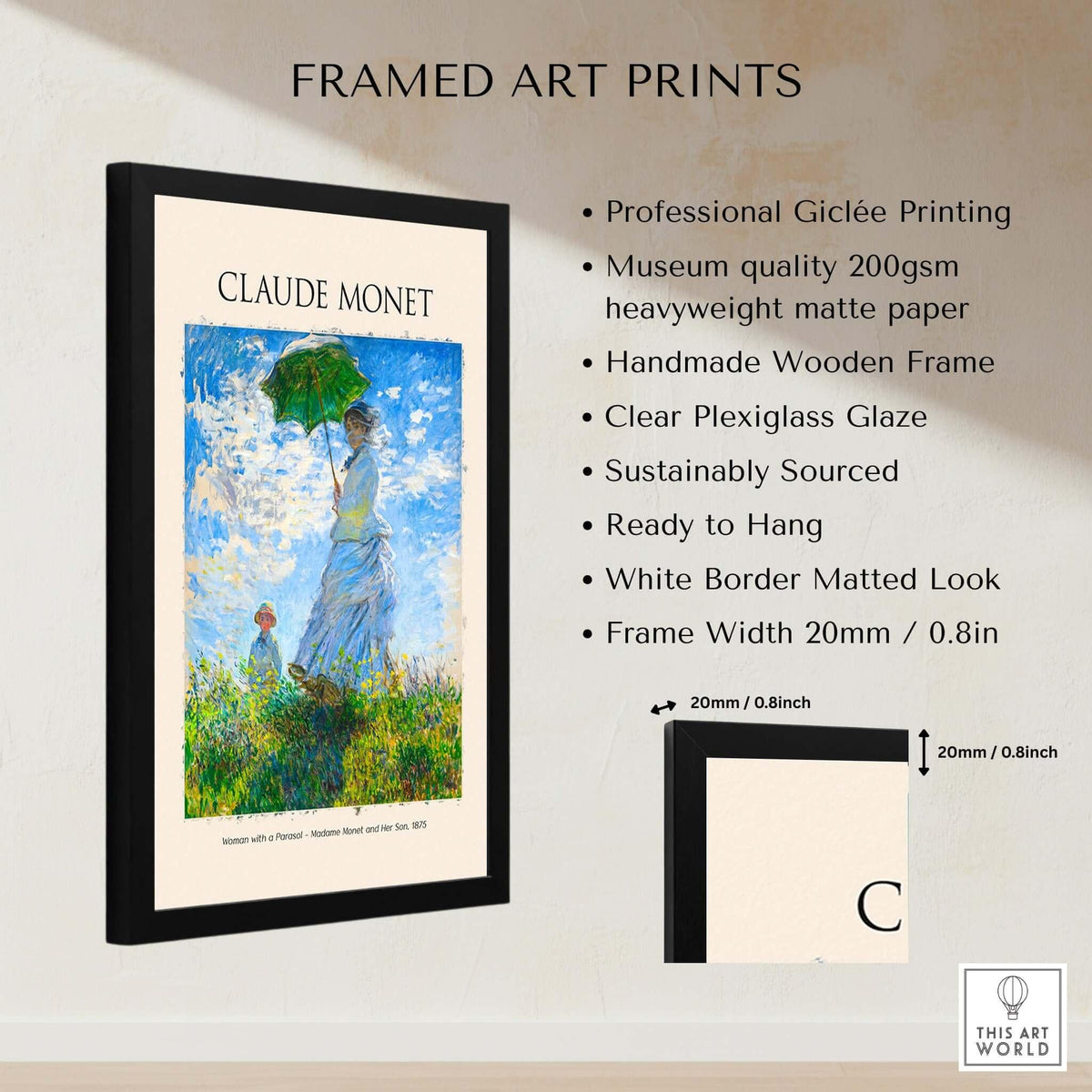 Monet Woman with Parasol Madame Monet Son Impressionist Art Print Poster in a framed display with details.