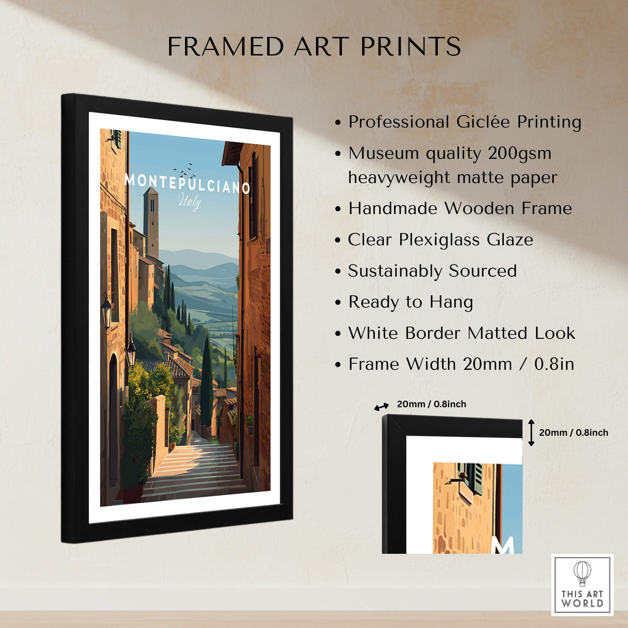 Montepulciano Tuscany Italy Wall Art Print | Italian Hill Town Travel Poster framed art print with giclée quality.