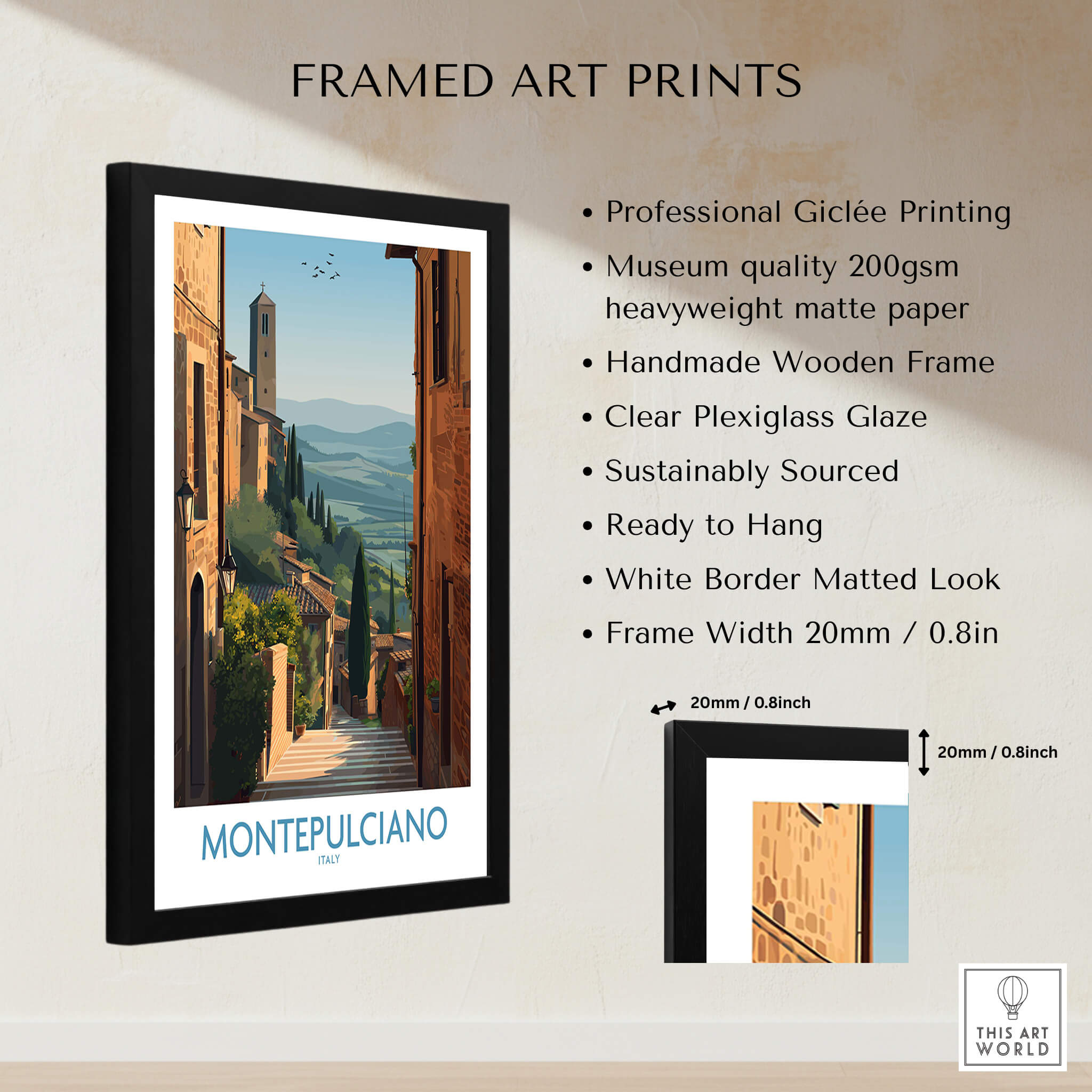 Montepulciano Italy Poster | Tuscany Landscape Vineyard Canvas Print showcasing framed art with details.