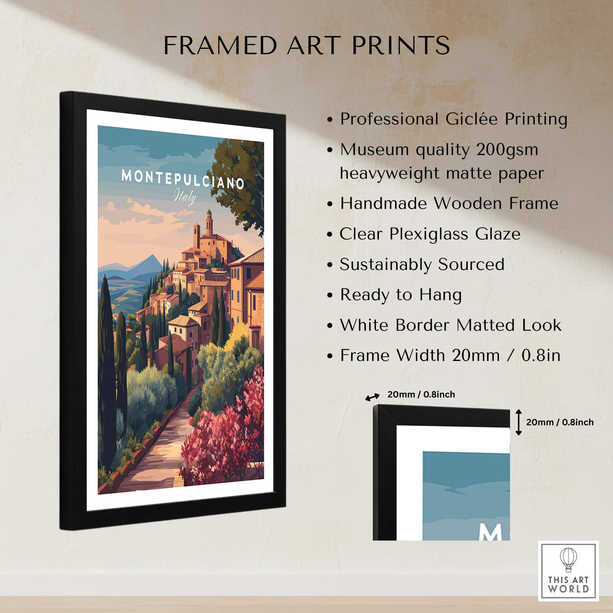 Montepulciano Italy Travel Poster | Tuscan Sunset Wall Art Print displayed in a handmade wooden frame with a clear glaze.