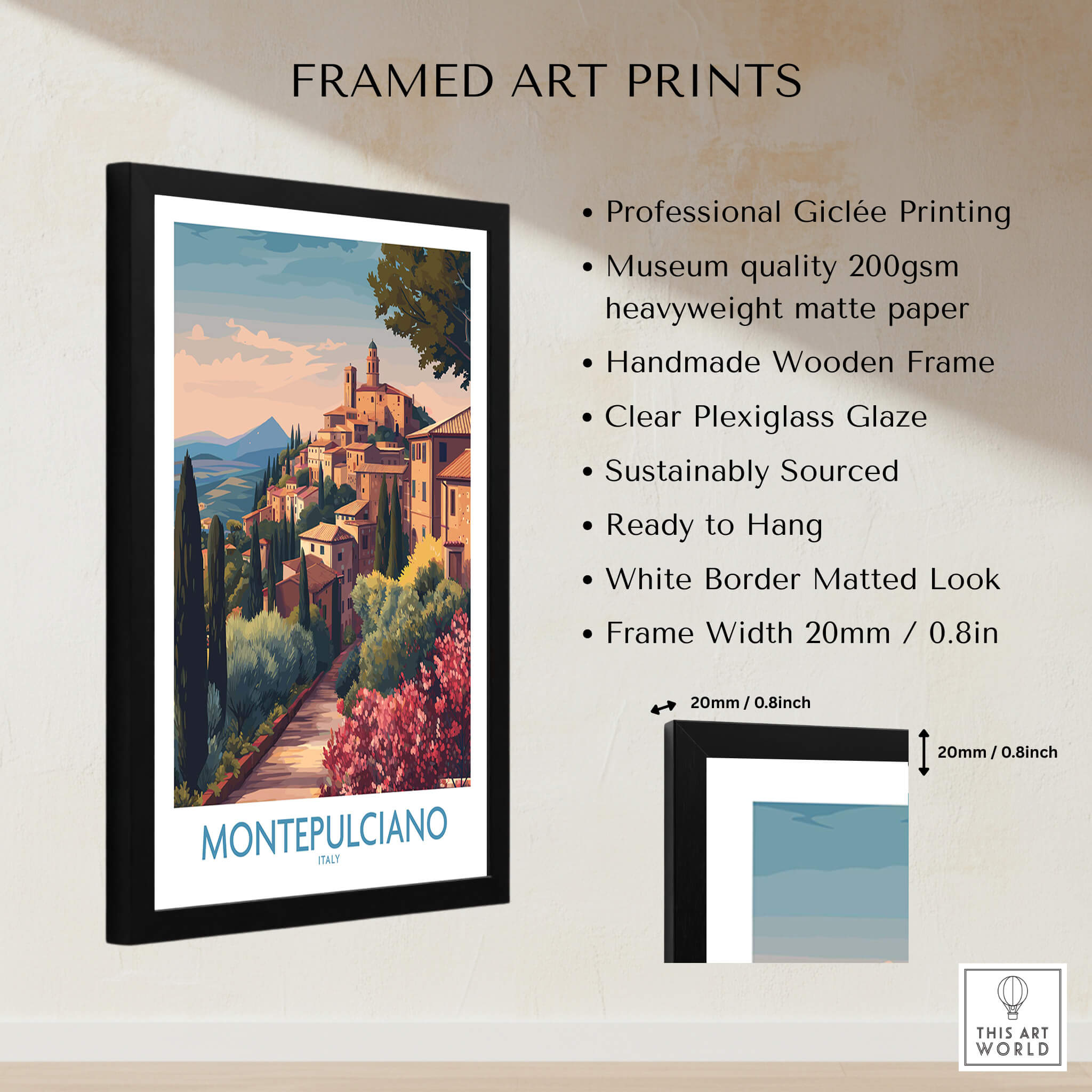 Montepulciano Italy Canvas Print | Italian Sunset Landscape Poster with professional printing and wooden frame.