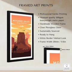 Framed Monument Valley National Park art print with cowboy silhouette and sunset, modern home decor.