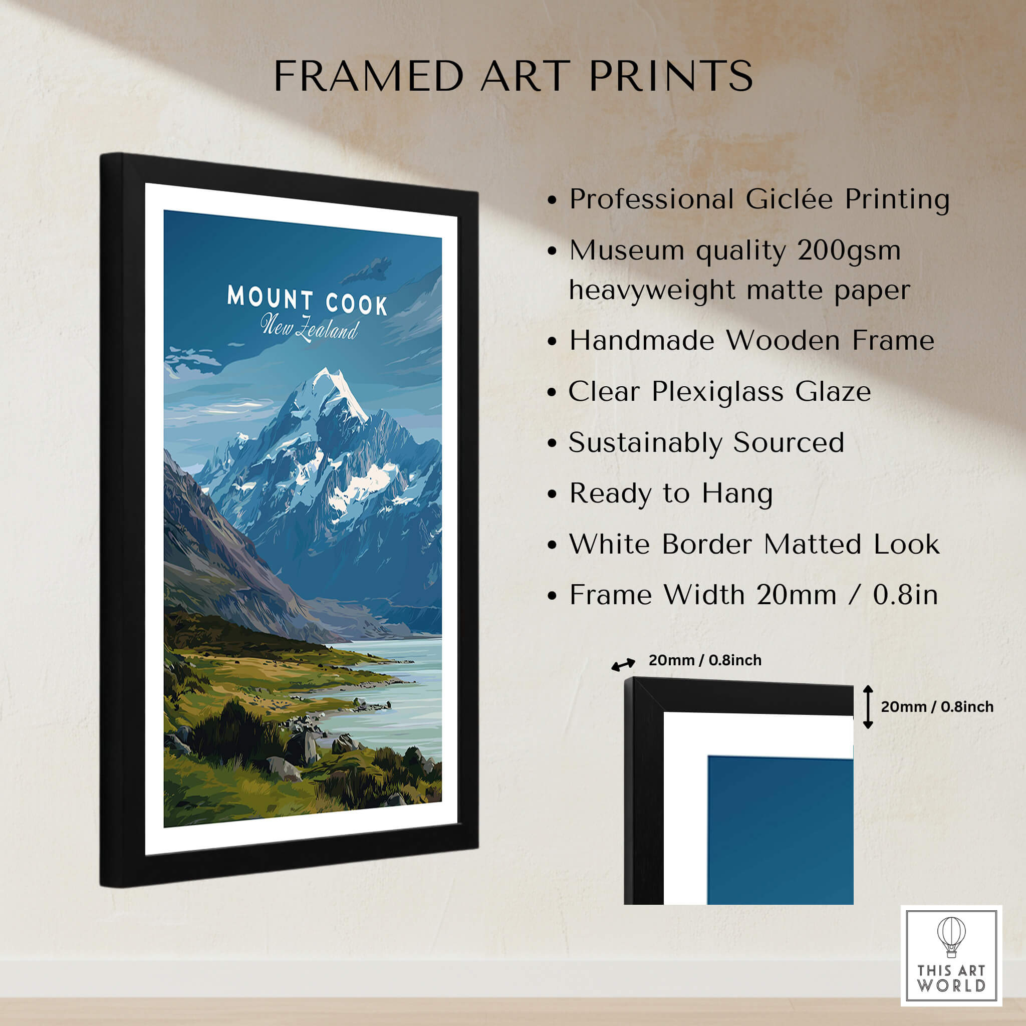 Mount Cook New Zealand Wall Art Print | Aoraki National Park Travel Poster framed with professional giclée printing.