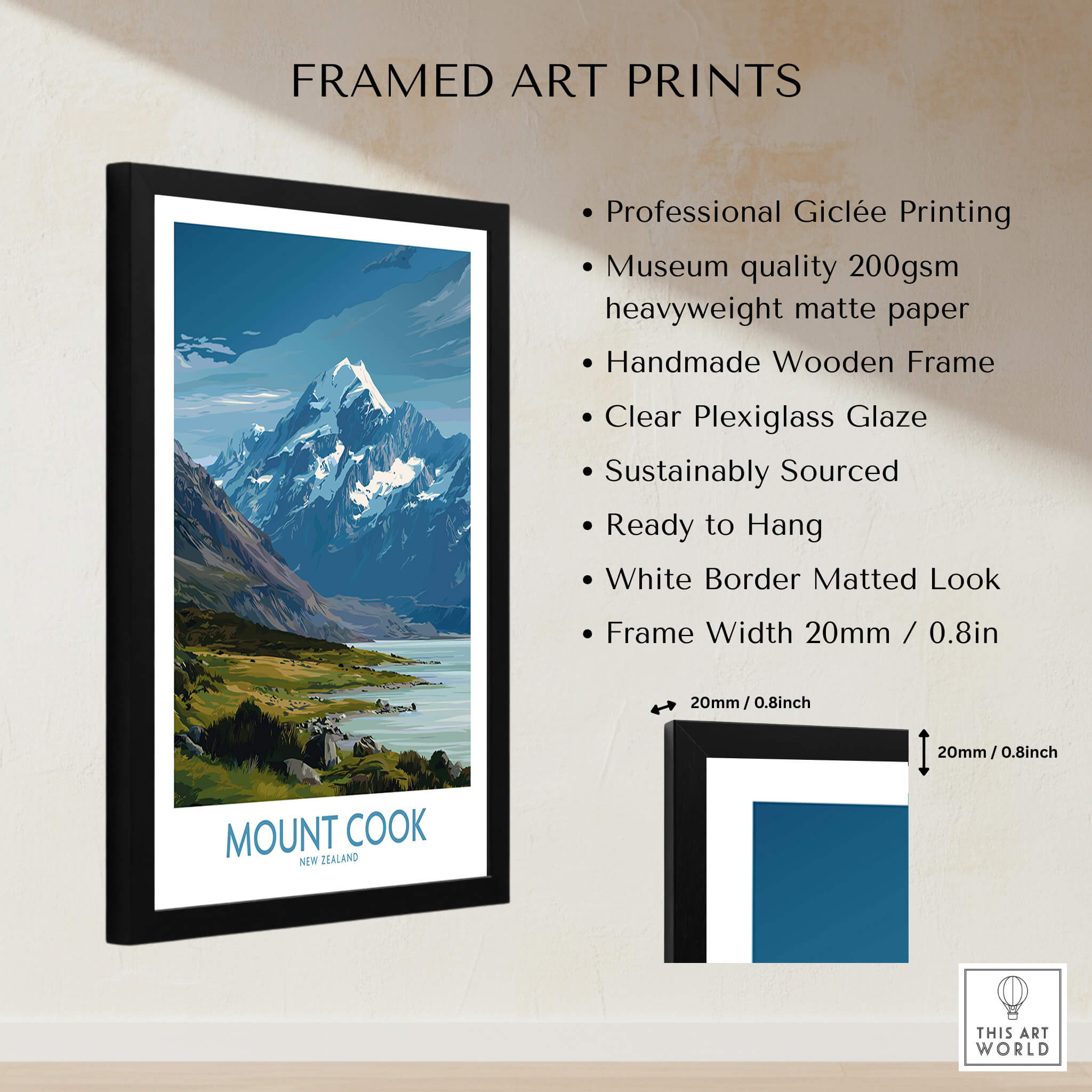 Mount Cook New Zealand Poster | Southern Alps Mountain Canvas Print framed art print with professional giclée printing.