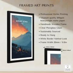 Framed Mount Etna Italy art print with black wooden frame, white mat, and quality details listed