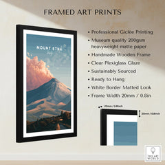 Framed Mount Etna art print with black wooden frame, white border, and feature list.