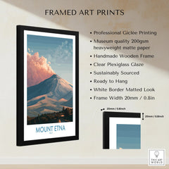 Framed Mount Etna art print with matte paper, black wooden frame, and wall art features listed.