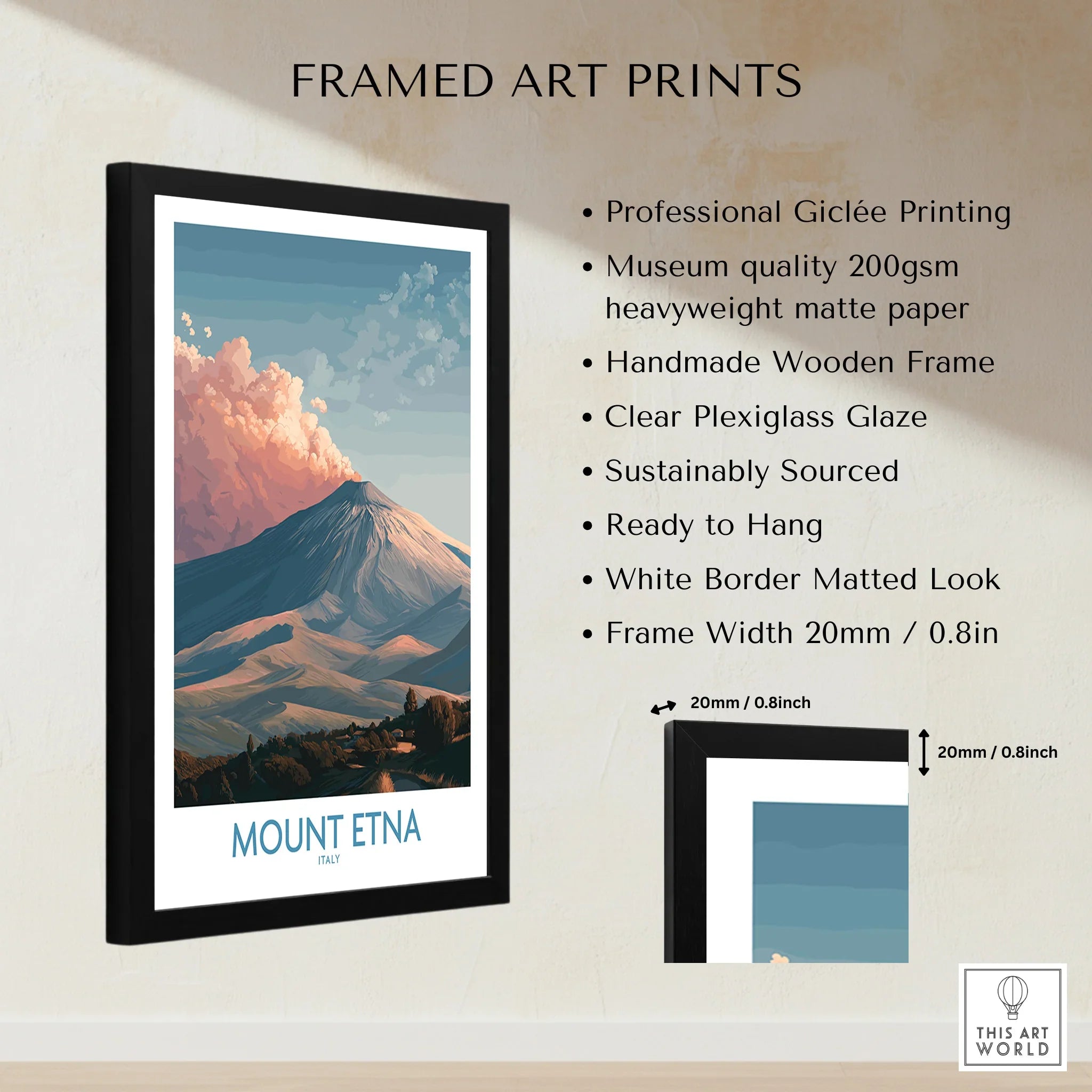 Framed Mount Etna art print with matte paper, black wooden frame, and wall art features listed.