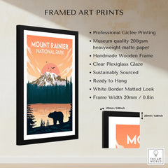 Framed Mount Rainier National Park print with bear silhouette and sunset, wall art details shown