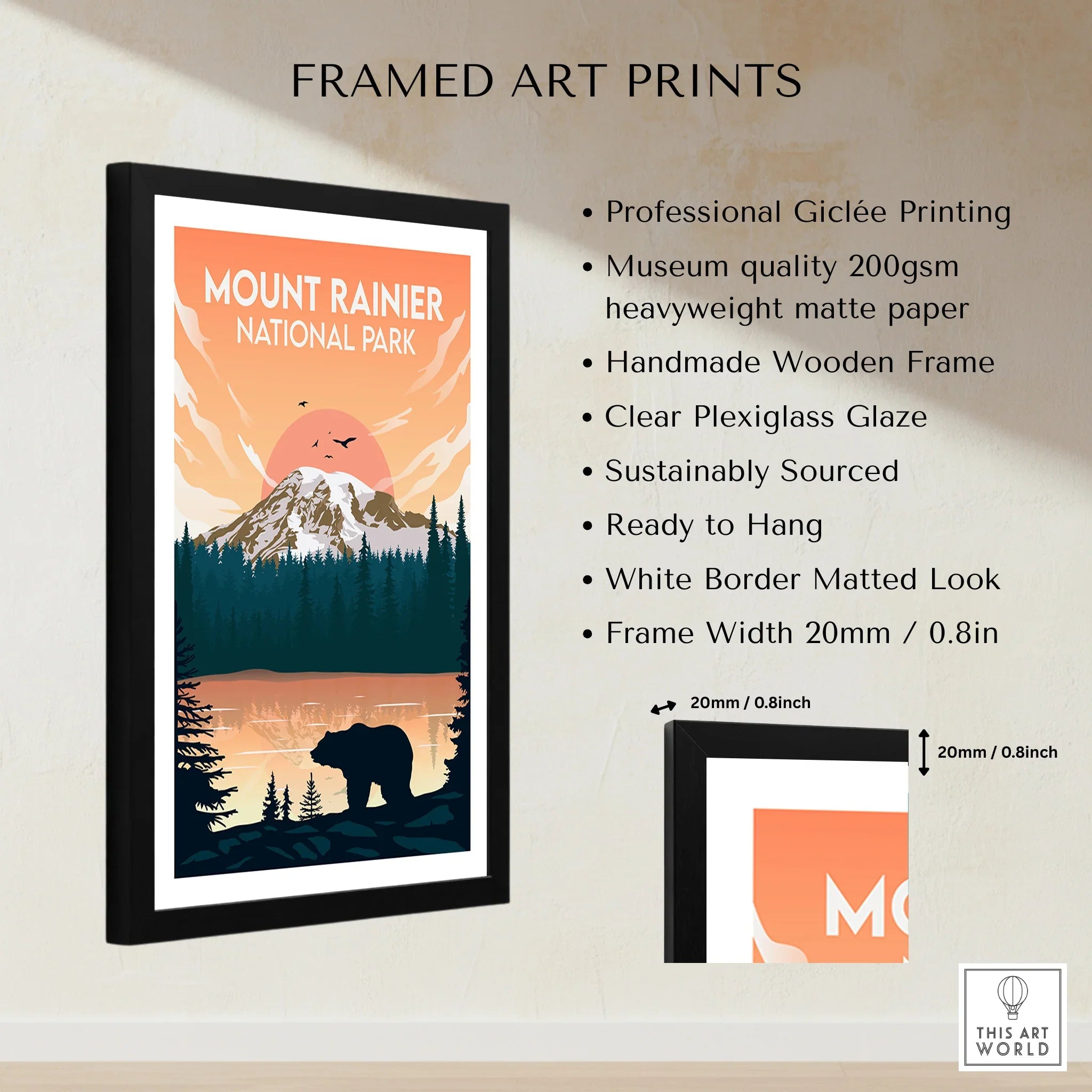 Framed Mount Rainier National Park print with bear silhouette and sunset, wall art details shown