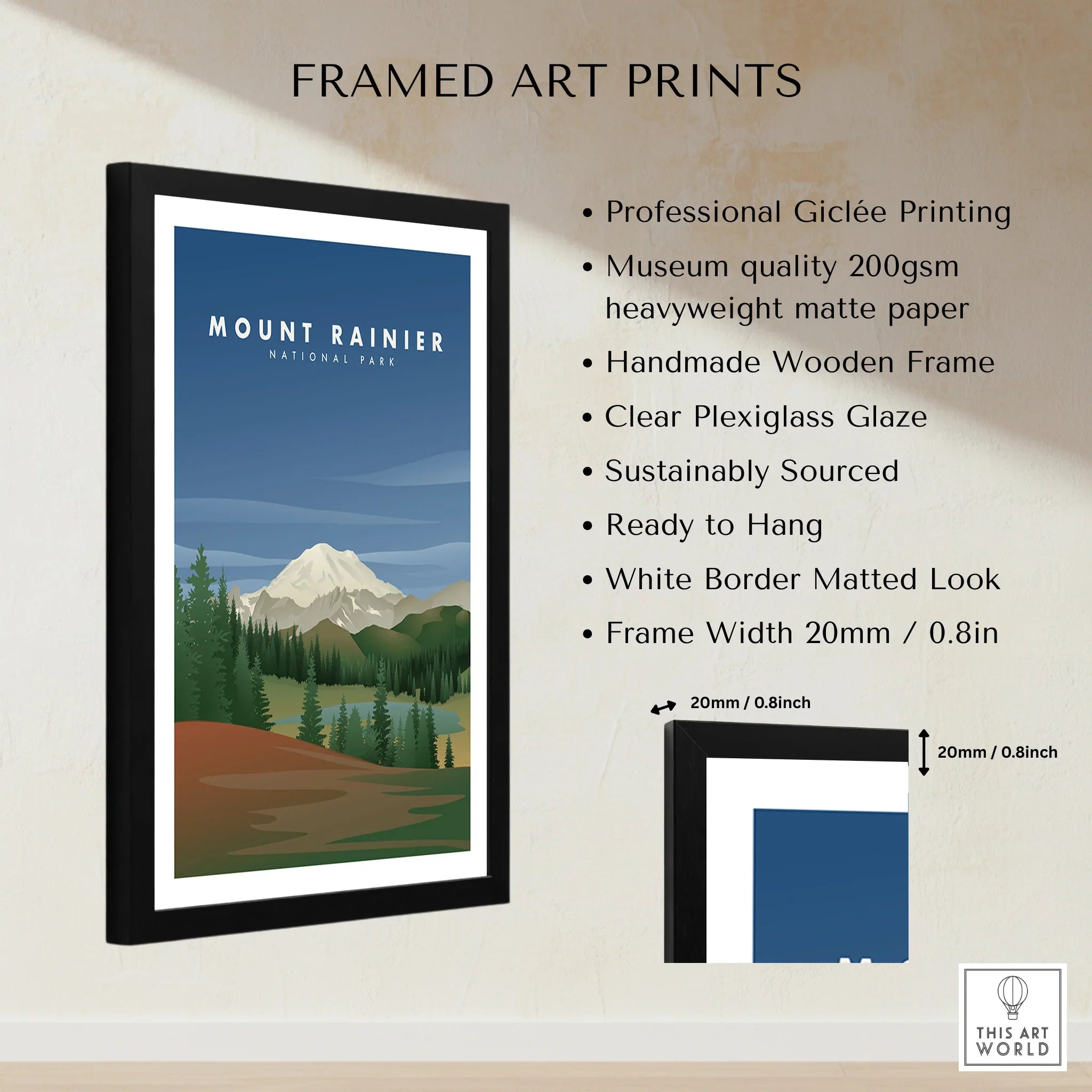 Framed Mount Rainier National Park print with wooden frame and matted border, wall art decor