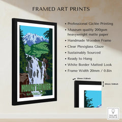 Framed Mount Rainier National Park art print with waterfall and mountains, black frame, matte paper.