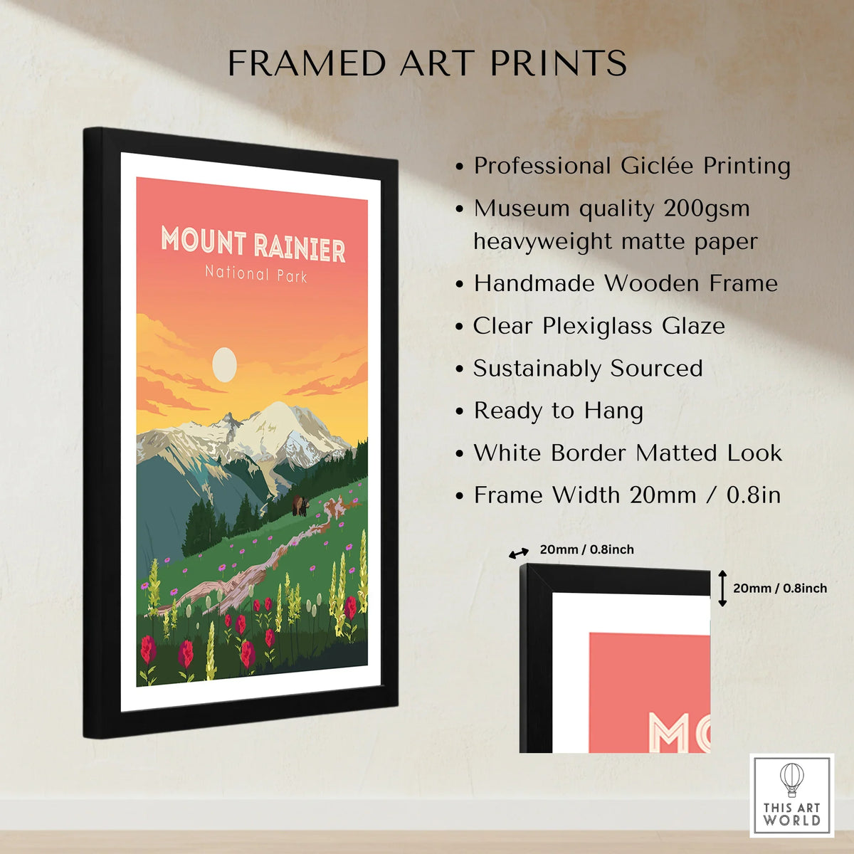 Framed Mount Rainier National Park art print with mountain landscape and wildflowers, museum quality.