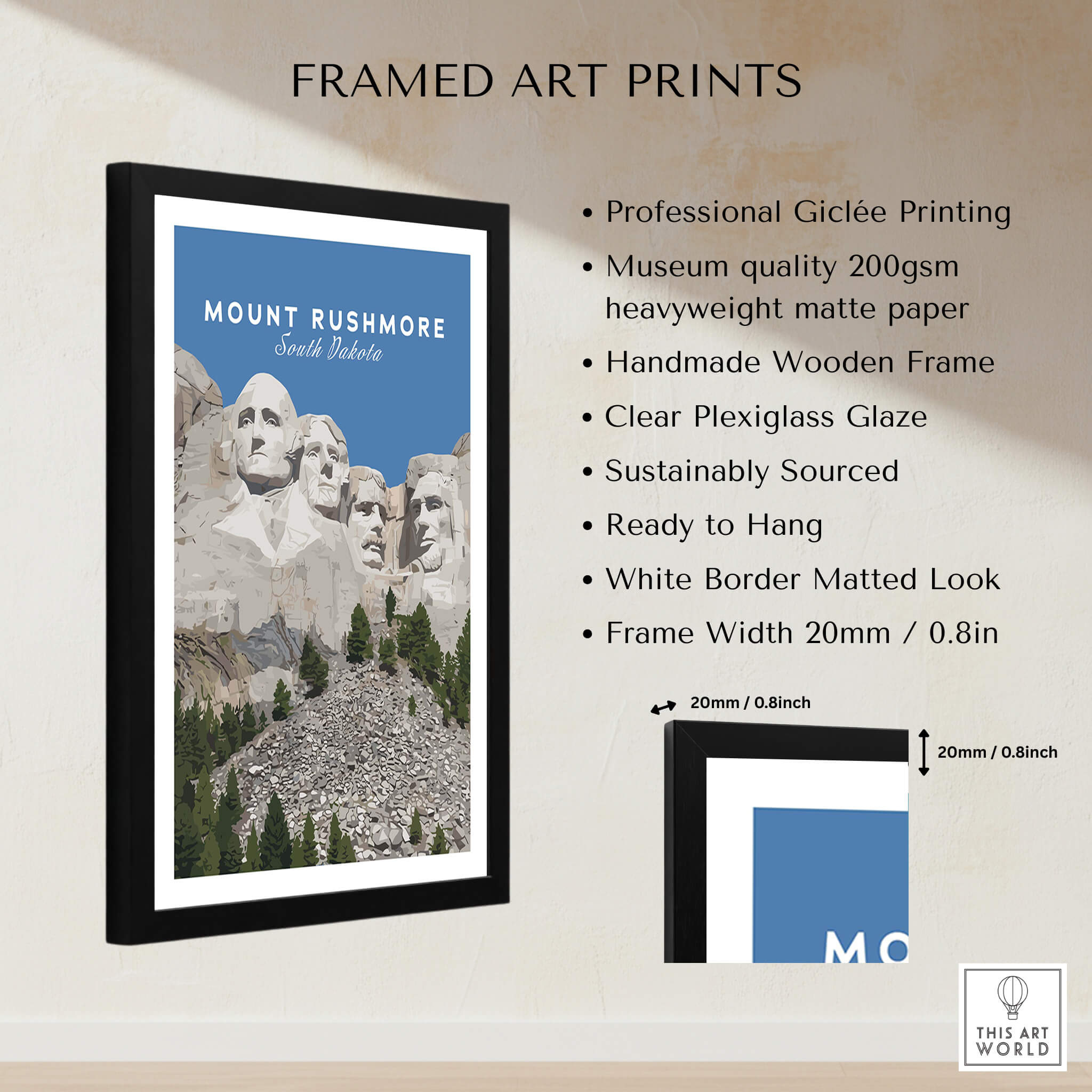 Mount Rushmore Print | National Memorial Wall Art in a stylish frame with detailed description.