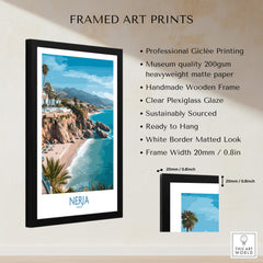 Nerja Spain Poster | Mediterranean Beach Landscape Canvas Print framed art featuring a beautiful beach scene.