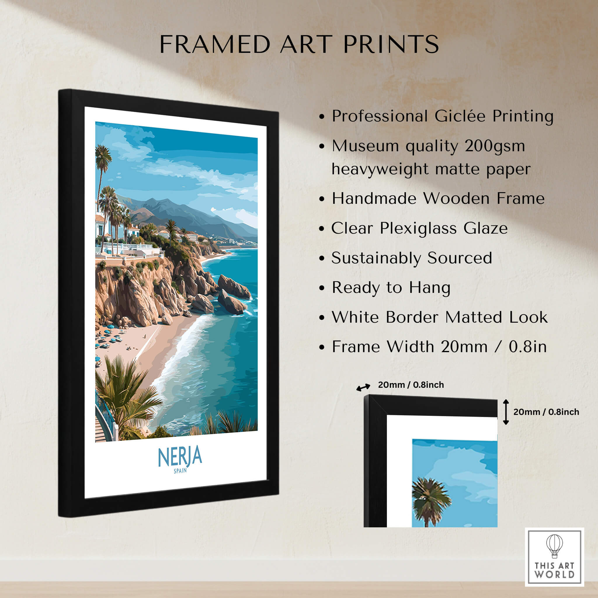 Nerja Spain Poster | Mediterranean Beach Landscape Canvas Print framed art featuring a beautiful beach scene.