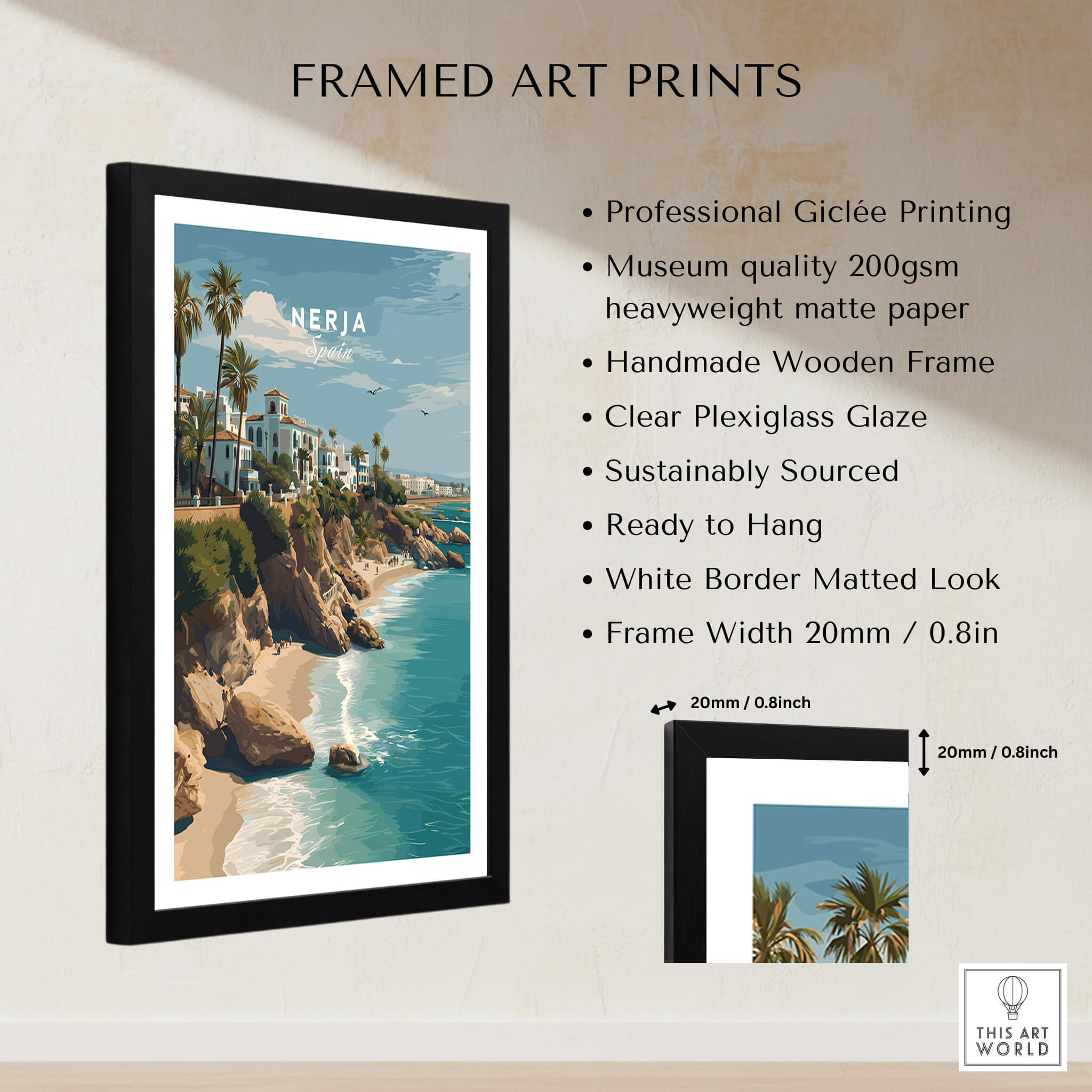 Nerja Spain Wall Art Print | Mediterranean Travel Poster featuring framed art print with coastal scenery and palm trees.