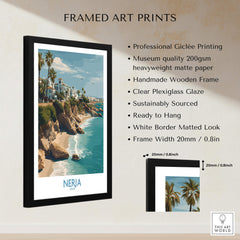 Nerja Spain Poster | Spanish Village Canvas Print framed with a scenic view of the coast and palm trees.