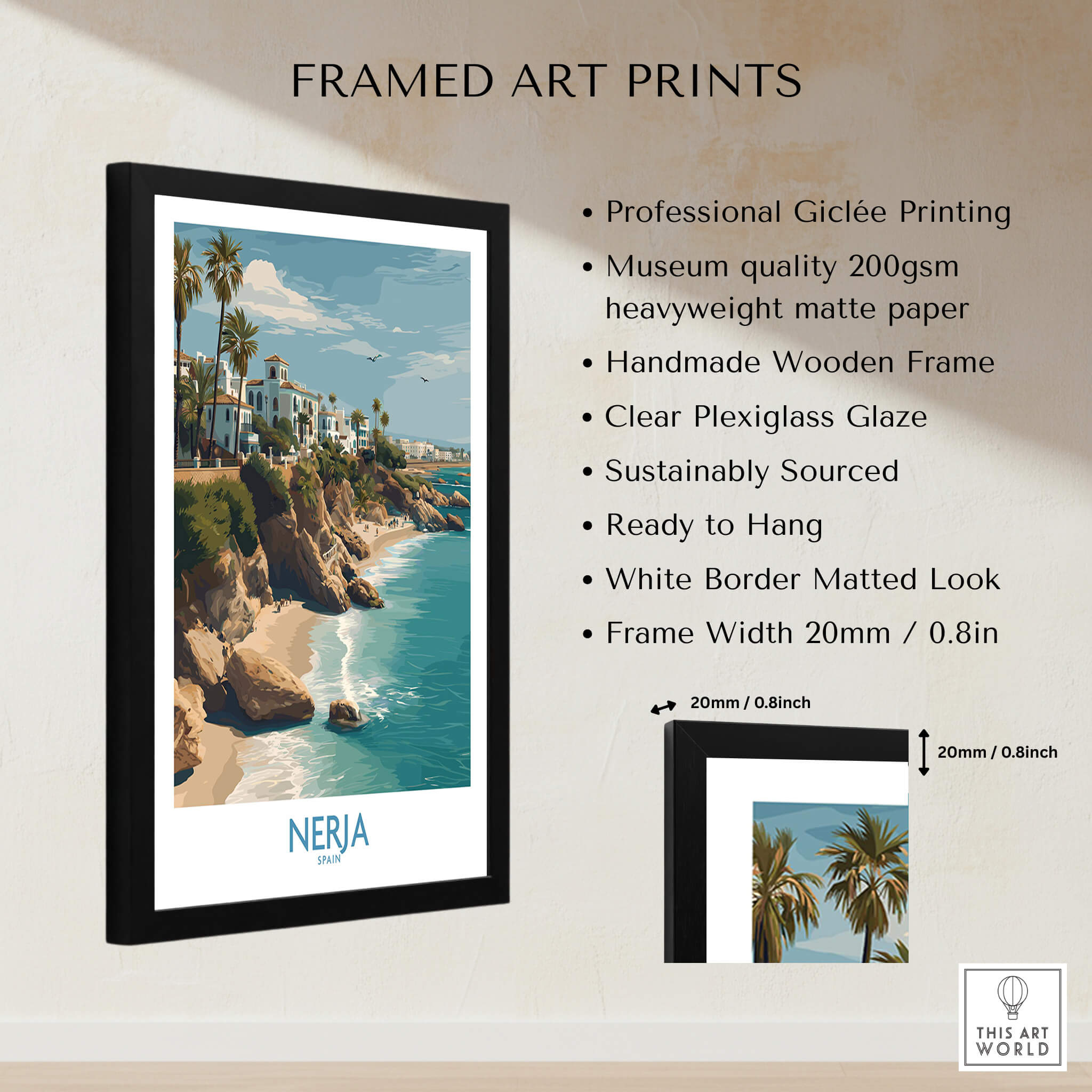 Nerja Spain Poster | Spanish Village Canvas Print framed with a scenic view of the coast and palm trees.