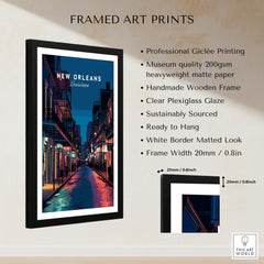 New Orleans Travel Poster | Bourbon Street Night Wall Art Print framed art with vibrant colors and clear plexiglass.